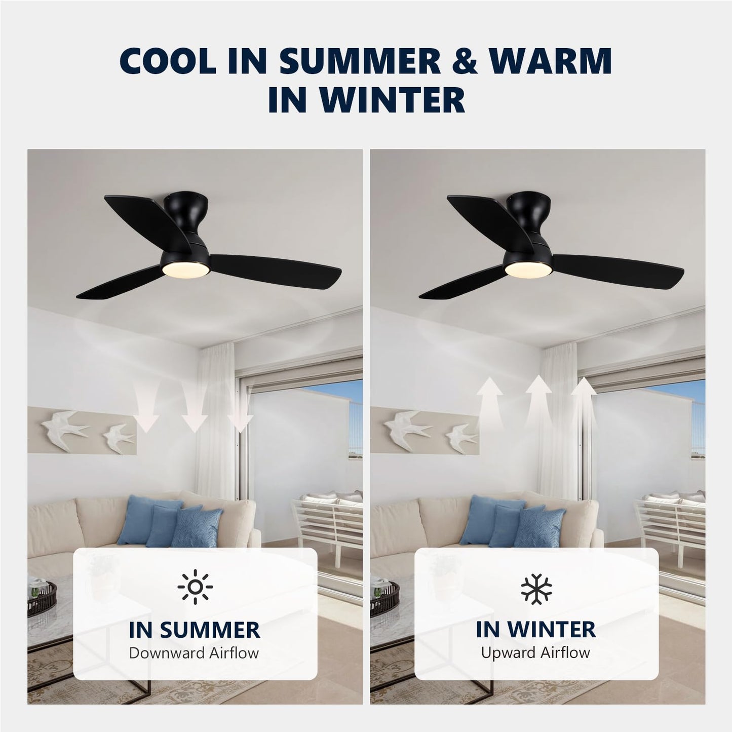 MOOONICHE 42" Ceiling Fan with Light and Remote, Small Quiet Low Profile Fandelier, Flush Mount Fan Lights with Memory Function, 3CCT, Dimmable