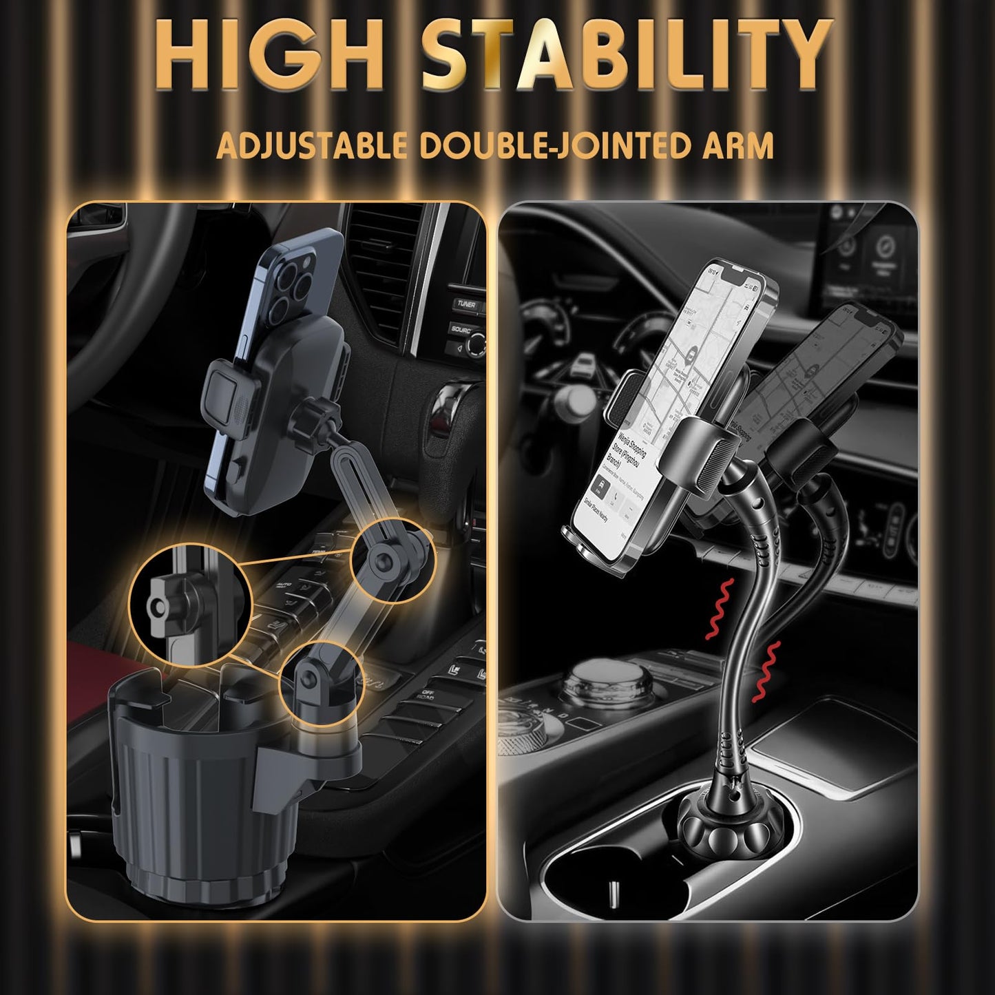 bokilino Phone Holders for Your Car, 2 in 1 Universal Cup Holder Expander Adjustable Base with Phone Mount, Long Arm with 360°Rotation Cup Holder