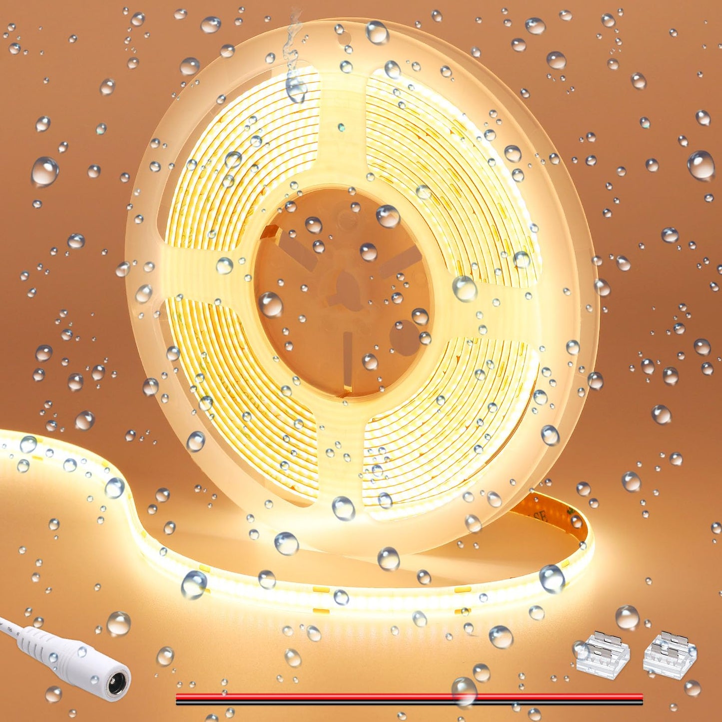 GOMING DC 12V COB LED Strip Light Warm White 3000K IP65 Waterproof 16.4ft(5M) 1560LEDs CRI 93+ Uniform Glow Flexible LED Tape Lights for DIY Bedroom
