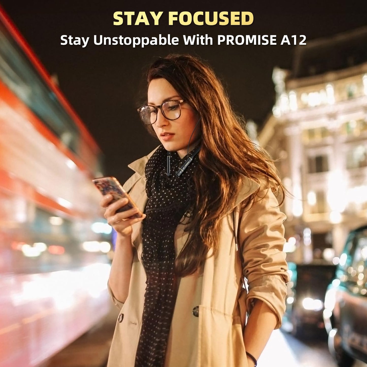 Promise A12 Neckband Bluetooth Earbuds - Wireless Headphones with Built-in Type-C OTG Connector, 60H Playtime, Fast Charging, Noise Cancelling