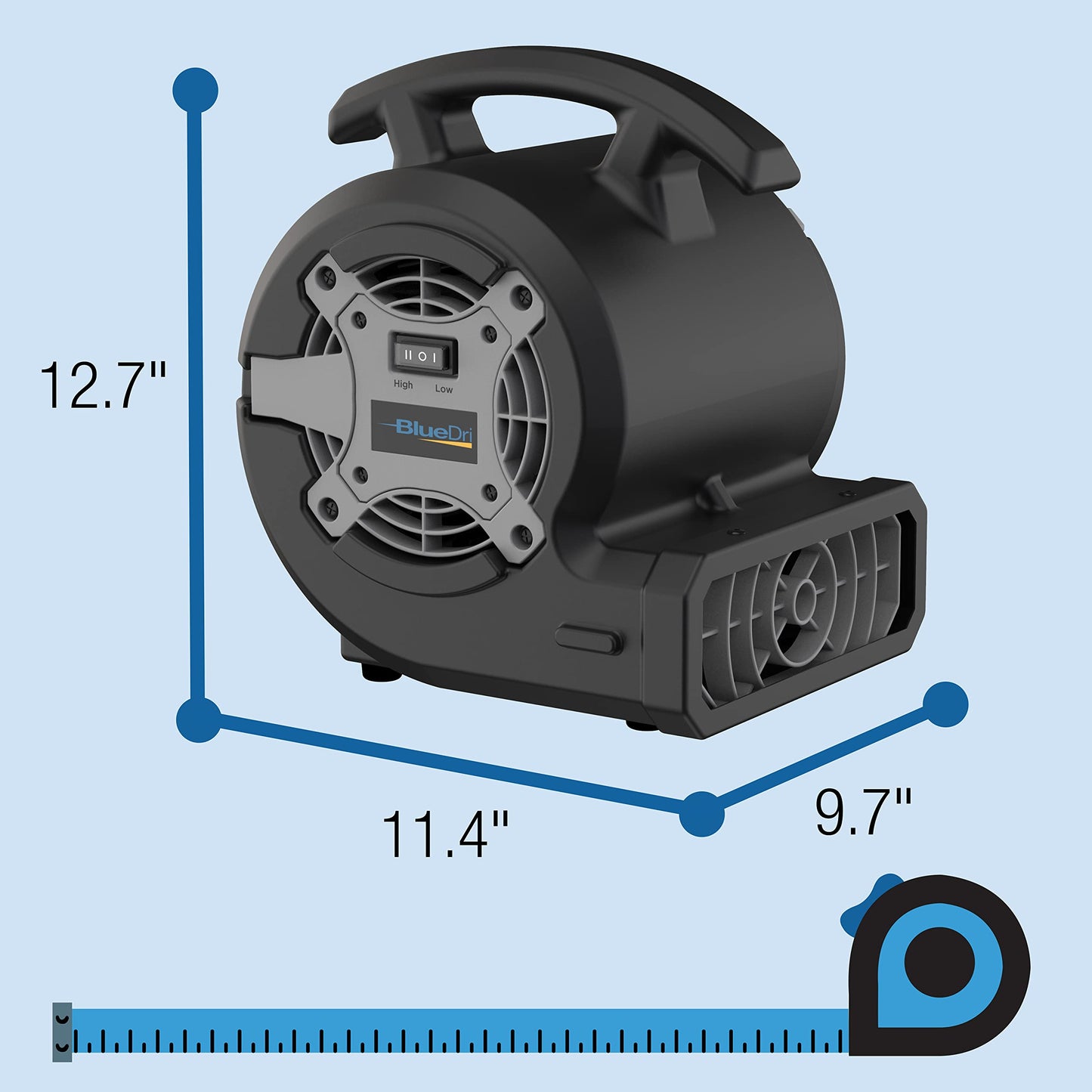 BlueDri Portable 1/8 HP Mini Multi-Purpose Air Mover Blower Utility Fan for Home, Carpet and Floor Drying, Black, BD-VP-15-BK