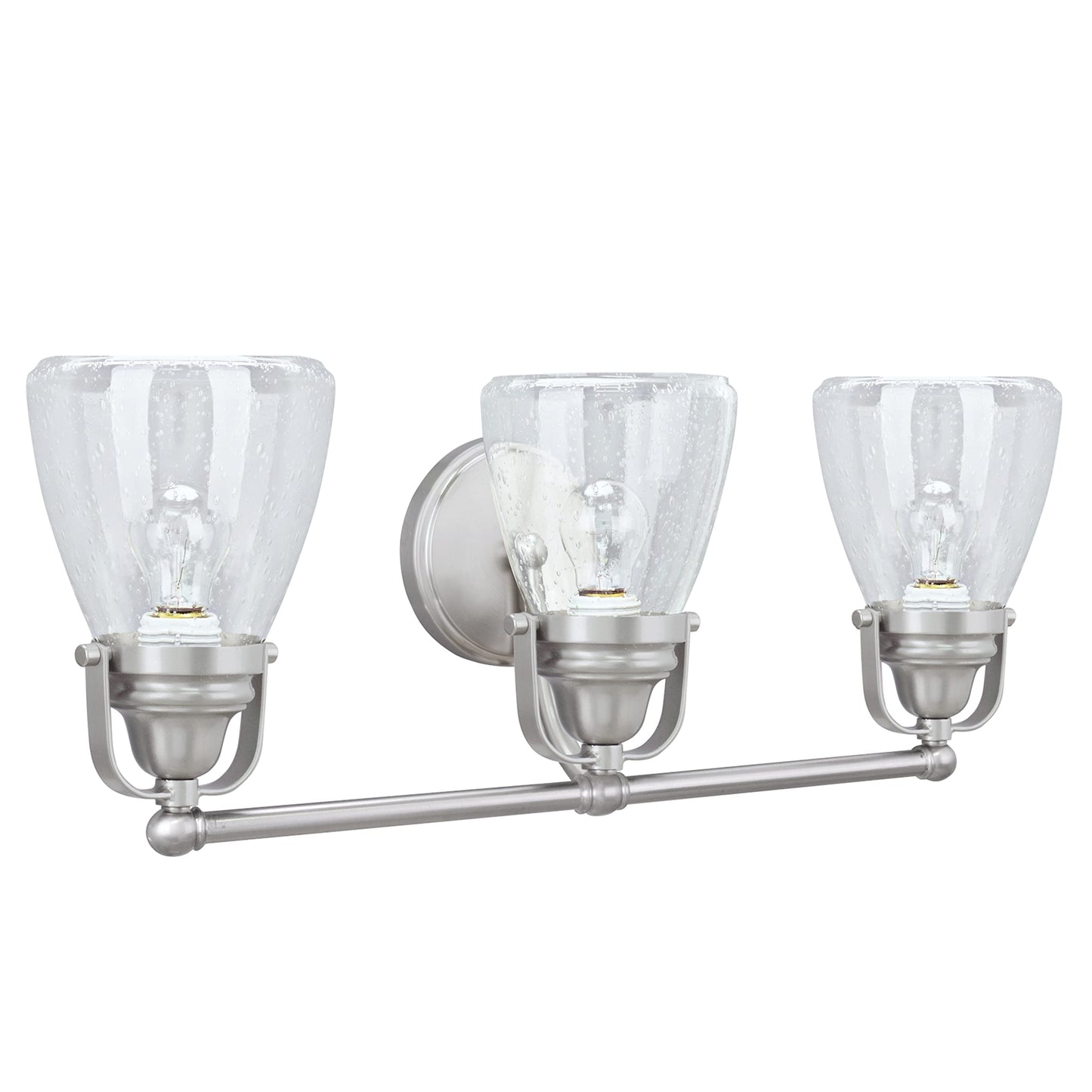 Aspen Creative 62099, Three-Light Metal Bathroom Vanity Wall Light Fixture, 24 1/2" Wide, Transitional Design in Brushed Nickel with Clear Seedy Glass