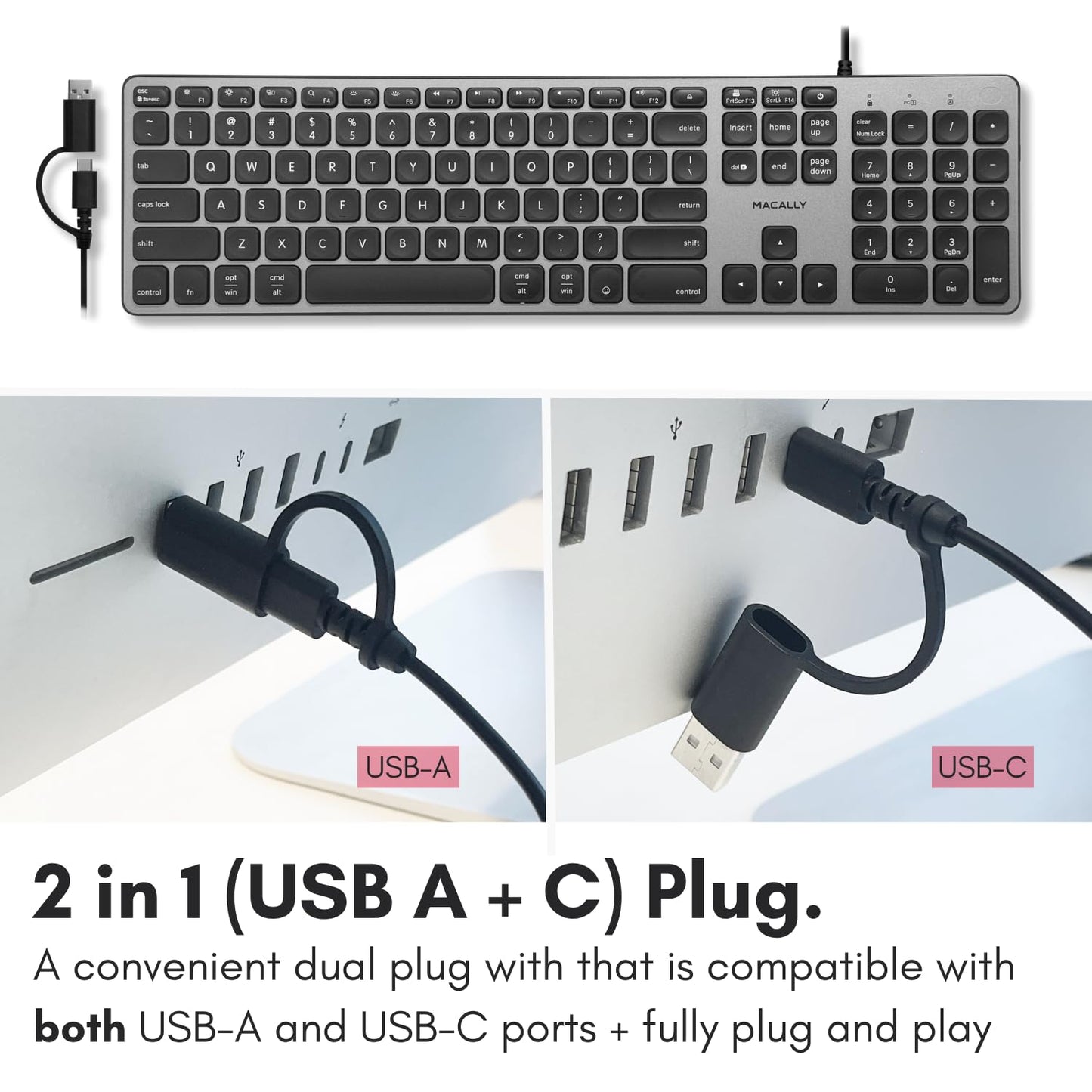 Macally Wired Keyboard for Mac with USB Hub (2X USB-A / 1x USB-C) - Compatible Backlit Apple Keyboard with Dual Interface - Auto OS Detection for Mac