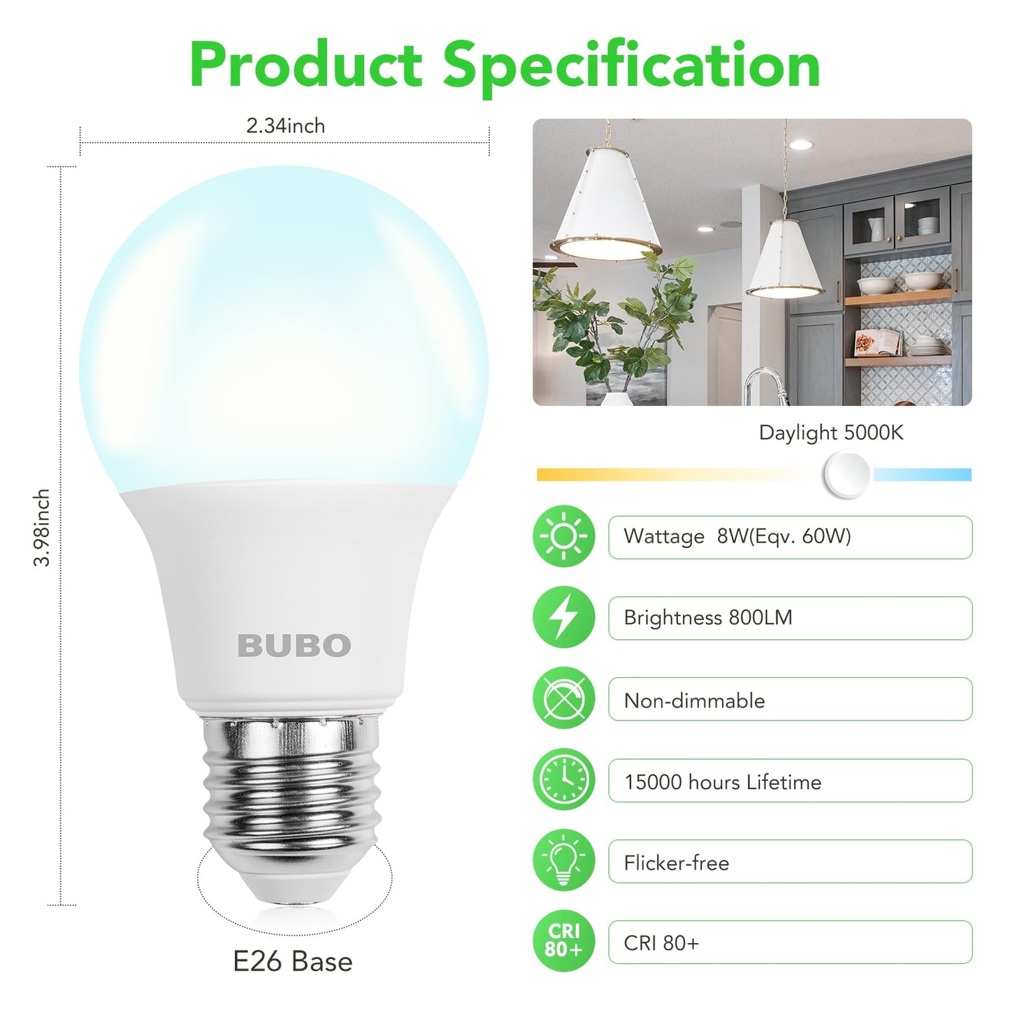 BUBO A19 LED Light Bulbs, 60 Watt Equivalent Daylight 5000K, E26 Base, Efficient 8W, 800 Lumens, Non-Dimmable LED Bulbs, 80+ CRI, Ideal for Home