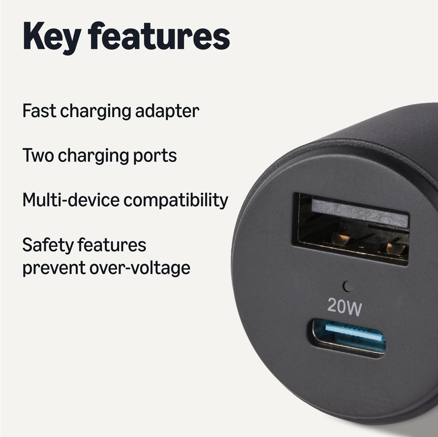 Amazon Basics Fast-Charging Car Charger, 1 USB-C (20W) + 1 USB-A (12W), 32W, with 3-Ft Cable, Black
