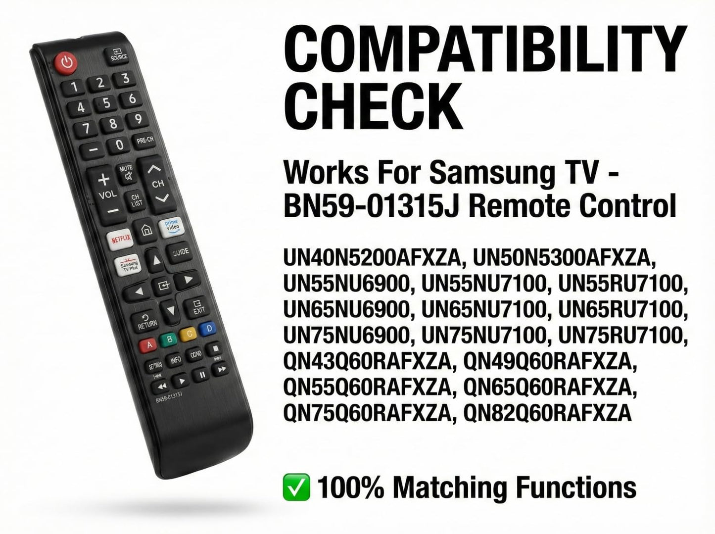 BN59-01315J Replacement Remote for Samsung Smart TV No Setup Required with Hotkeys for Netflix for Prime Video for Samsung Plus TV and AAA*2 Batteries
