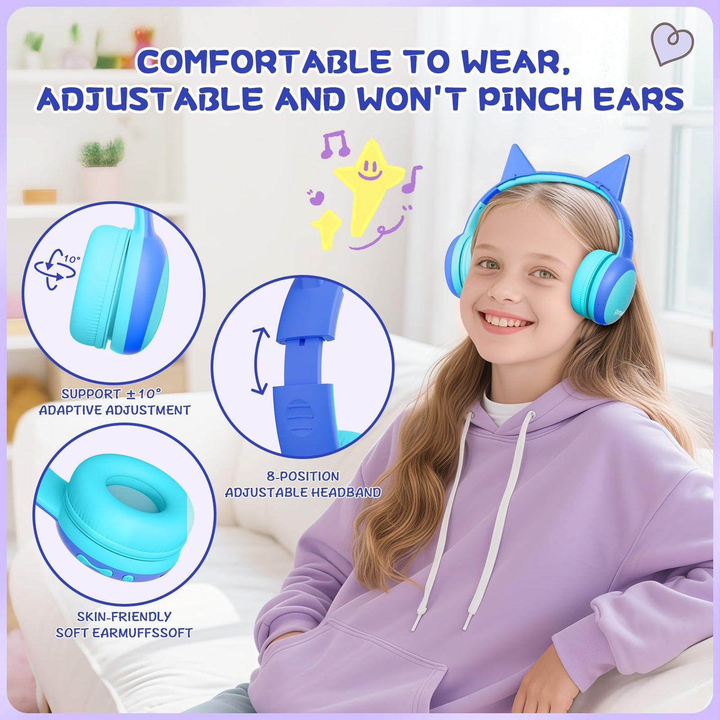 gorsun Kids Bluetooth Headphones, Over-Ear Toddler Headphones with Microphone, 85dB/94dB Volume Limited, 68H Playtime, Bluetooth 6.0, Portable Kids…