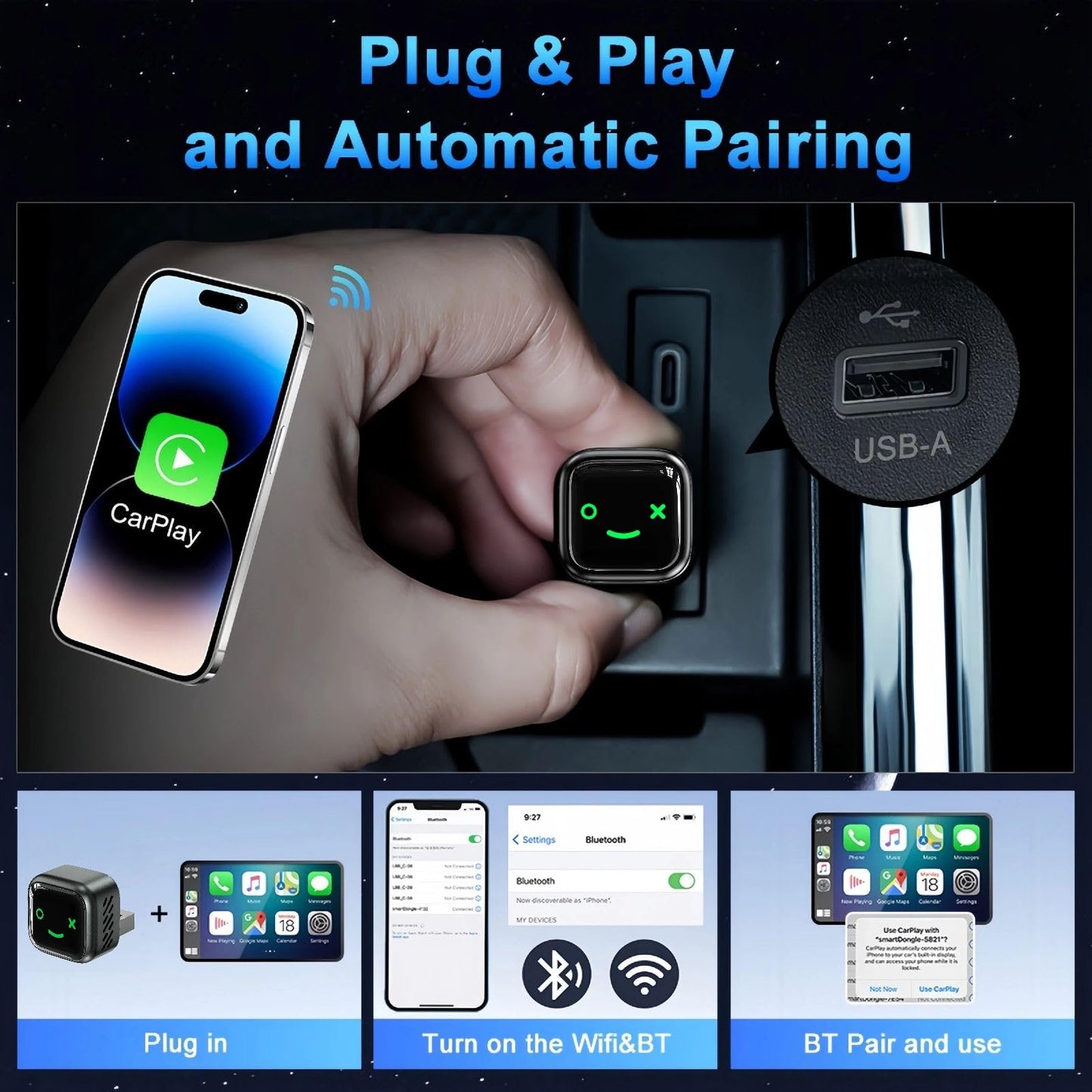 HNSYCHH Mini CarPlay & Android Auto Adapter, Wireless Car Play Adapter, Plug and Play, No Delay, Auto Reconnect, Stable Connection,Convert Wired