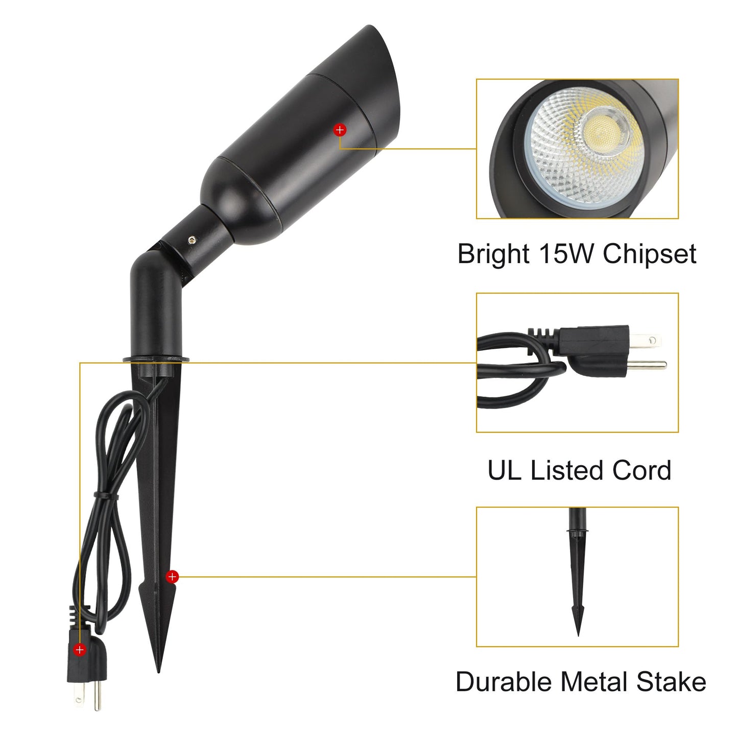 J.LUMI 15W Outdoor LED Spotlight with Stake, Plug-in 120V, IP65 Waterproof, 5000K Daylight, 1350 Lumens, 60° Beam, 4-ft Cord, Flag, Tree, Garden