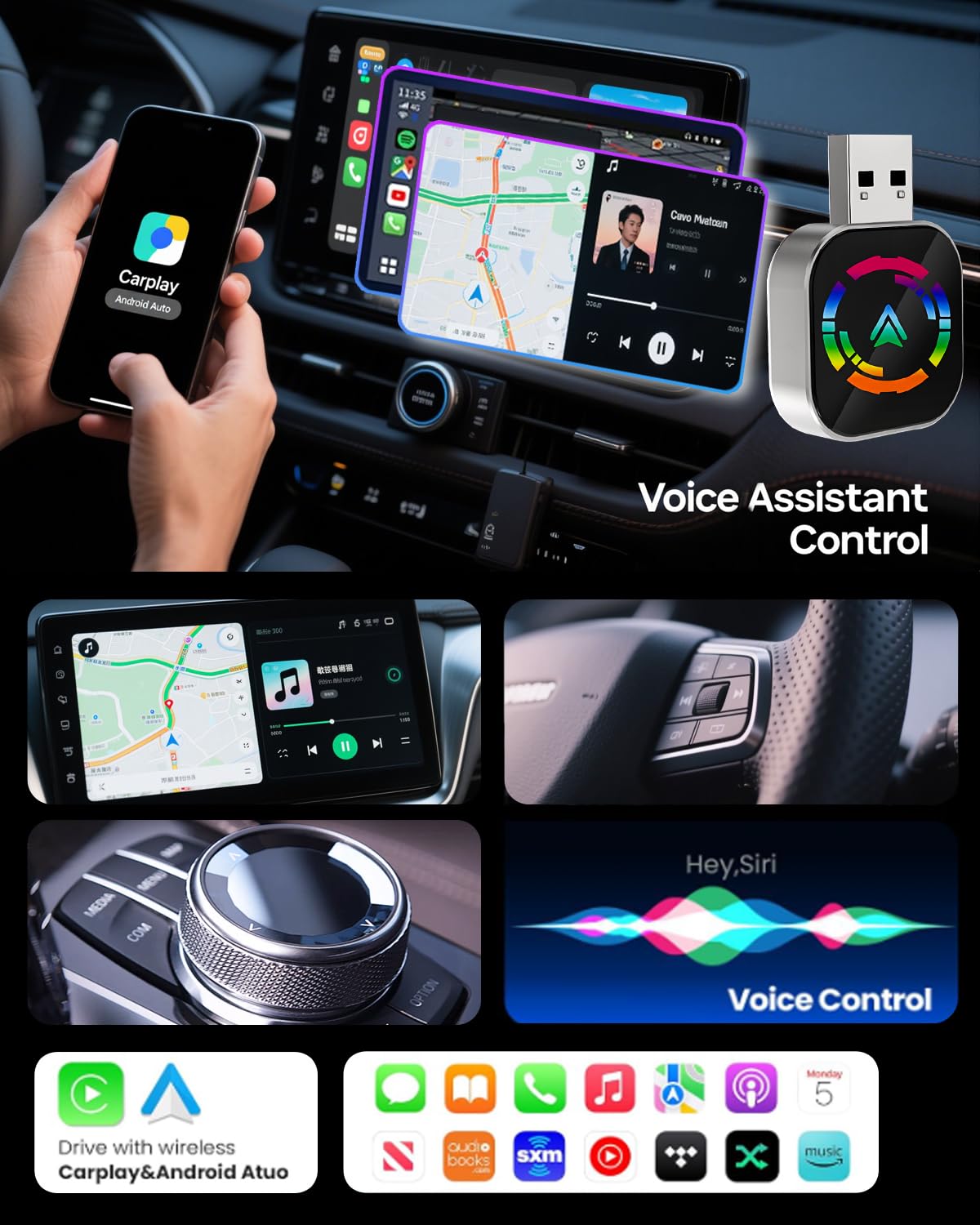Jasput Carplay Wireless Adapter, 2026 Upgrade Mini Carplay for Apple iPhone & Android Auto Wireless Adapter, for Cars with Built-in Wired Apple