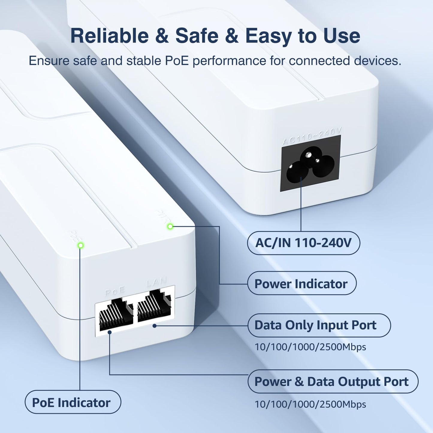 2.5Gb PoE++ Injector 60W,VunLink Single Port Multi-Gig Power Over Ethernet Adapter, IEEE 802.3af/at/bt, 10/100/1000/2500Mbps for WiFi 6 Access Point
