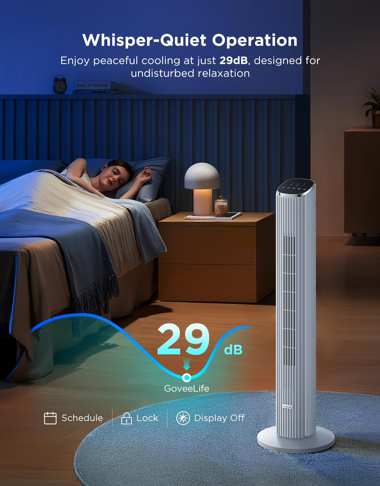 GoveeLife 36 in. White Tower Fan for Bedroom, 5 Modes 8 Speeds up to 25ft/s