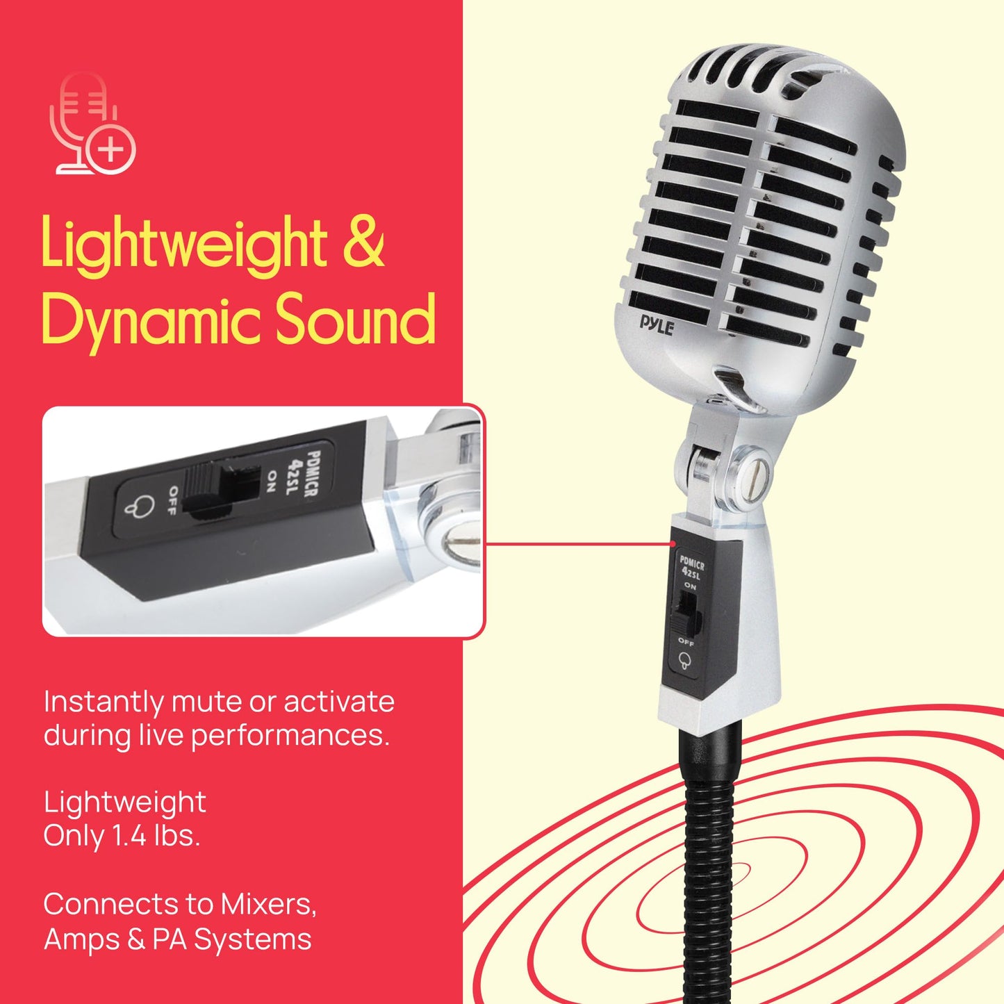 Pyle Classic Retro Dynamic Vocal Microphone - Old Vintage Style Unidirectional Cardioid Mic with XLR Cable - Universal Stand Compatible - Live