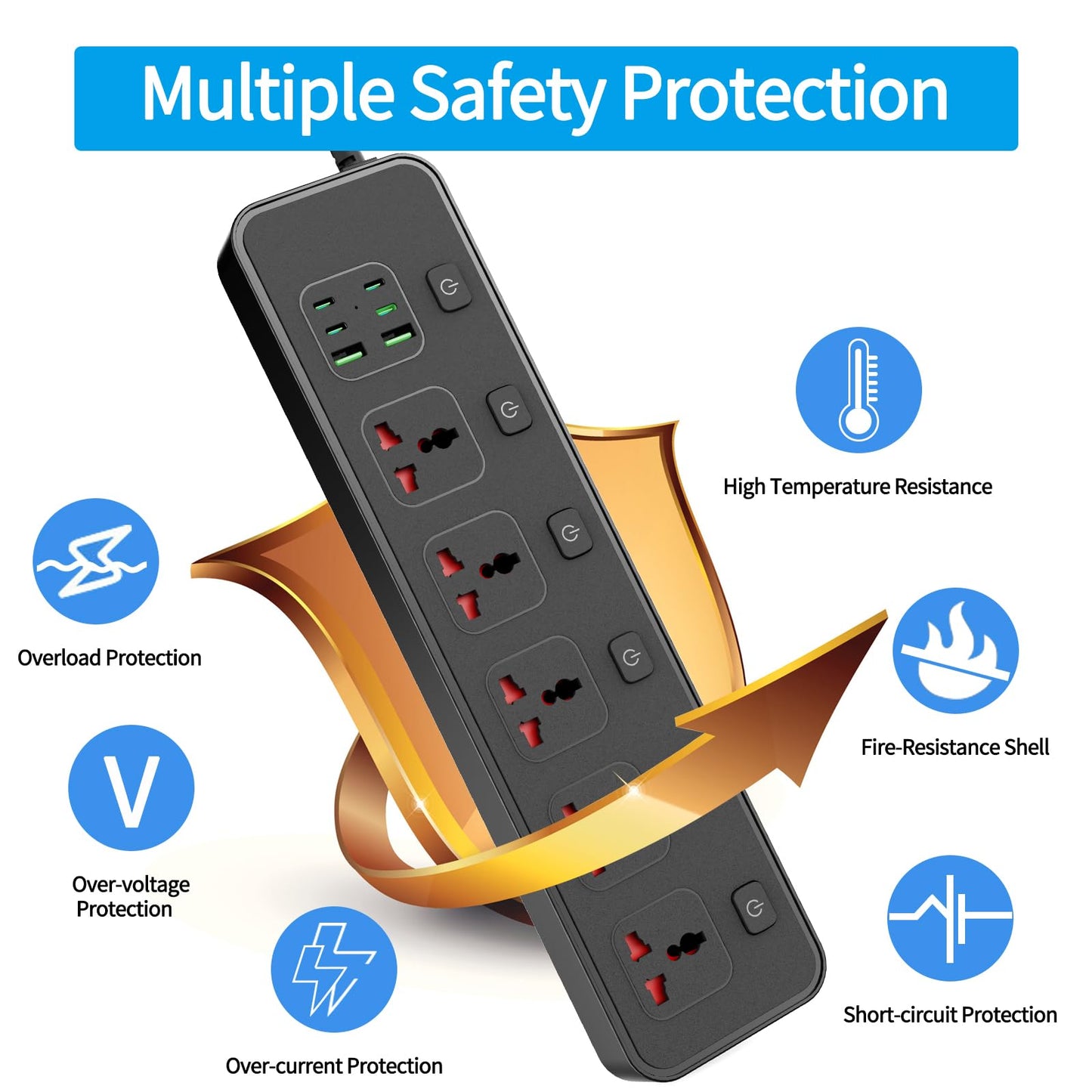 Flat Plug Power Strip with Individual Swtich, Jumpso 6ft Universal Extension Cord with 5 Outlets and 2 USB 4 USB C Ports, Max 3000w, 110-240v