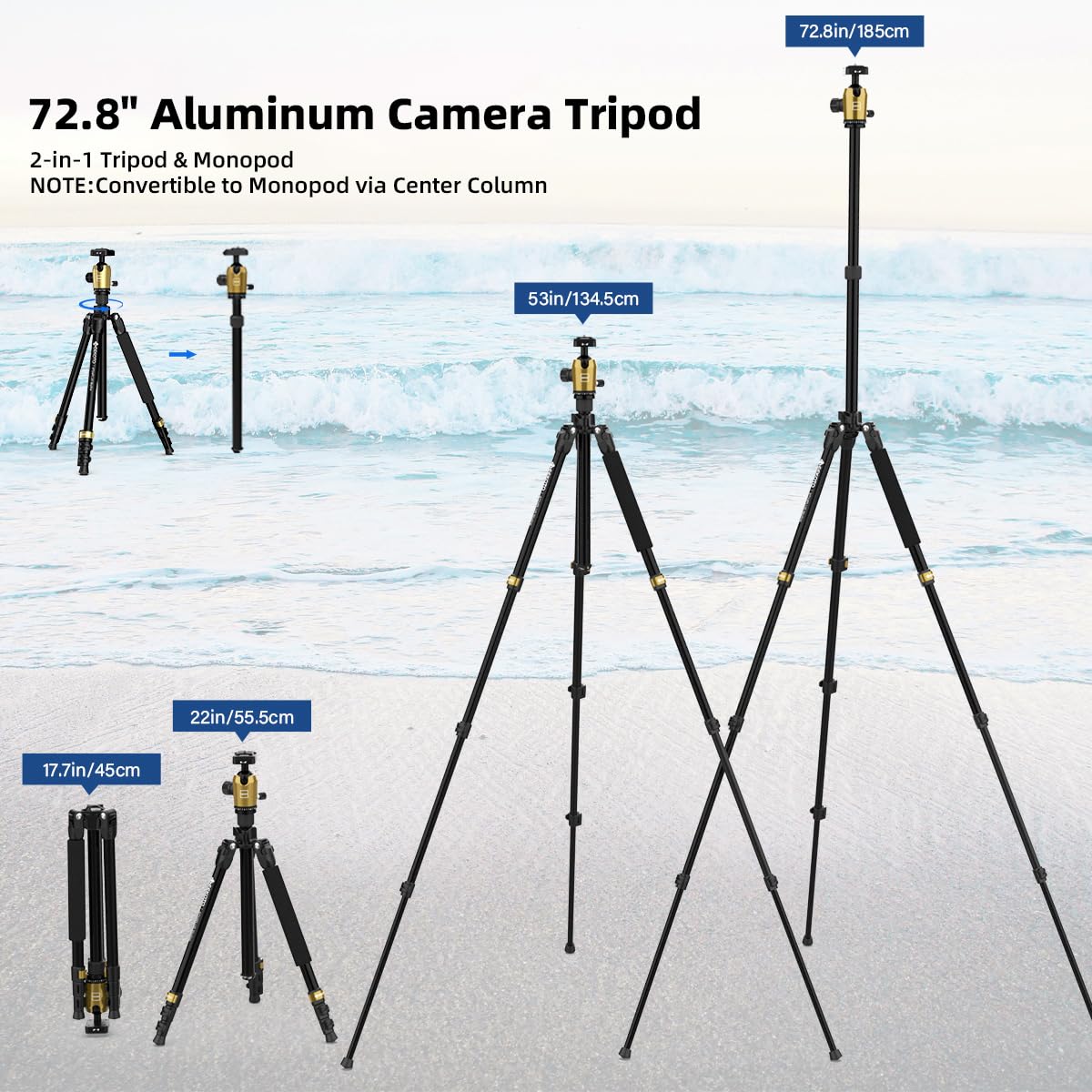 Geekoto 73-Inch Camera Tripod - Lightweight DSLR Tripod with 360° Ball Head & Quick Release Plate, Supports Up to 33.07 lbs, Portable for Travel