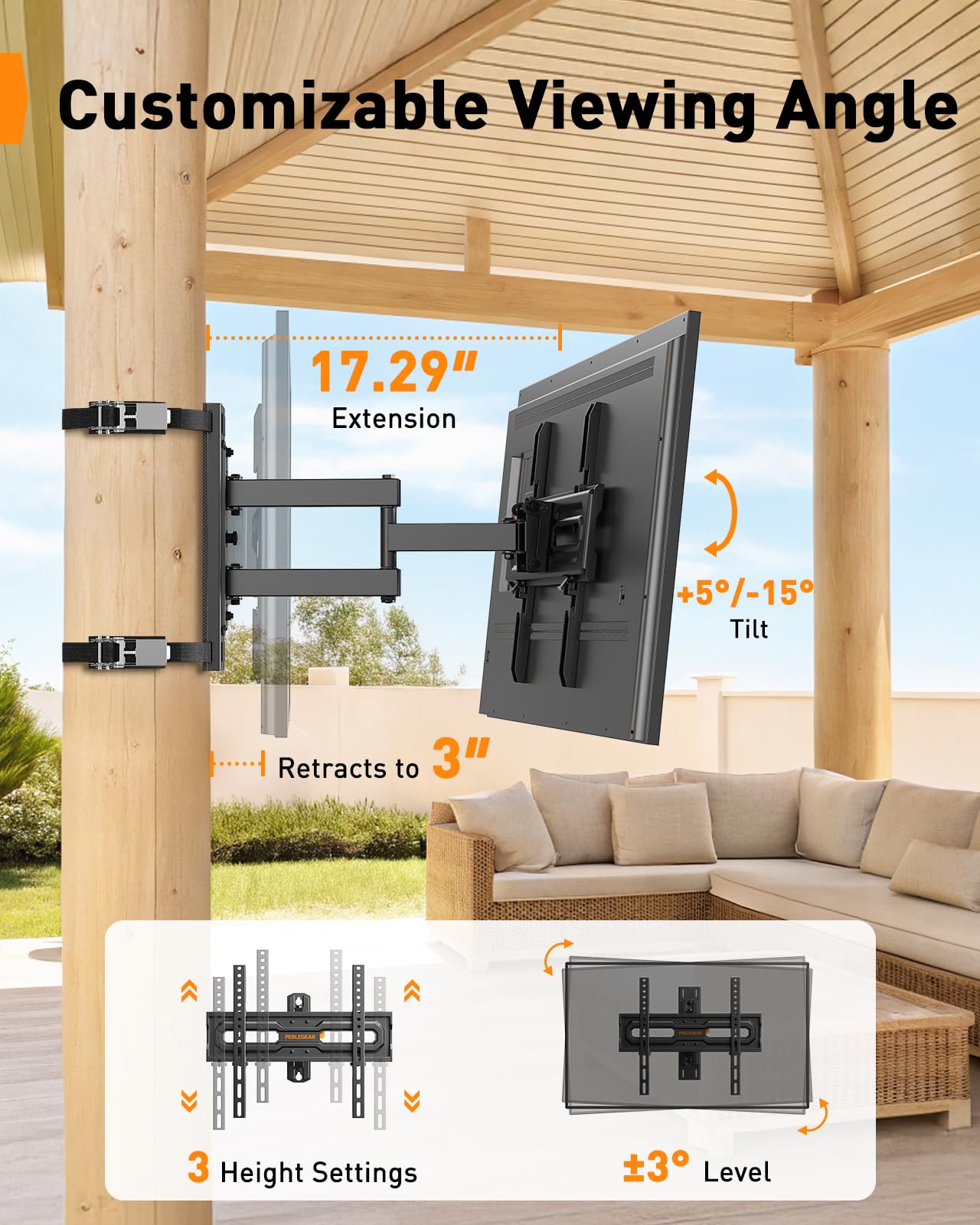 Perlegear Gazebo TV Mount for Most 26"-74" TVs, No Drill Pillar TV Mount for Round & Square Columns, Full Motion TV Post Mount for Gazebo, Pole, Patio