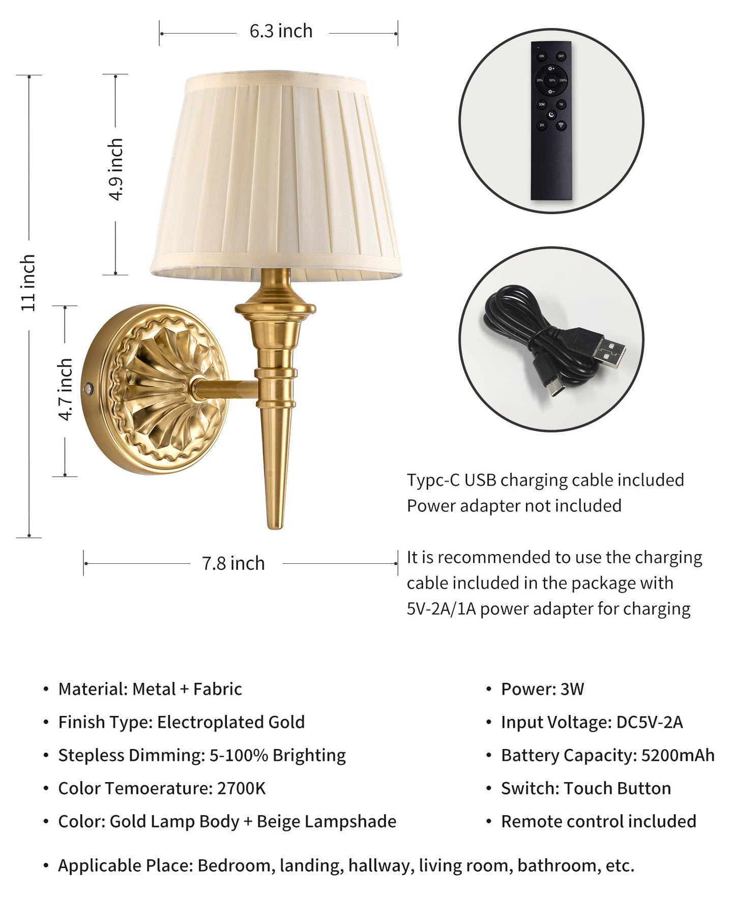 KDG Cordless Wall Sconces Set of 2, Small Wireless 5200mAh Rechargeable Battery Fabric LED Wall Lamps, Portables Lightings for Wall Painting, Living