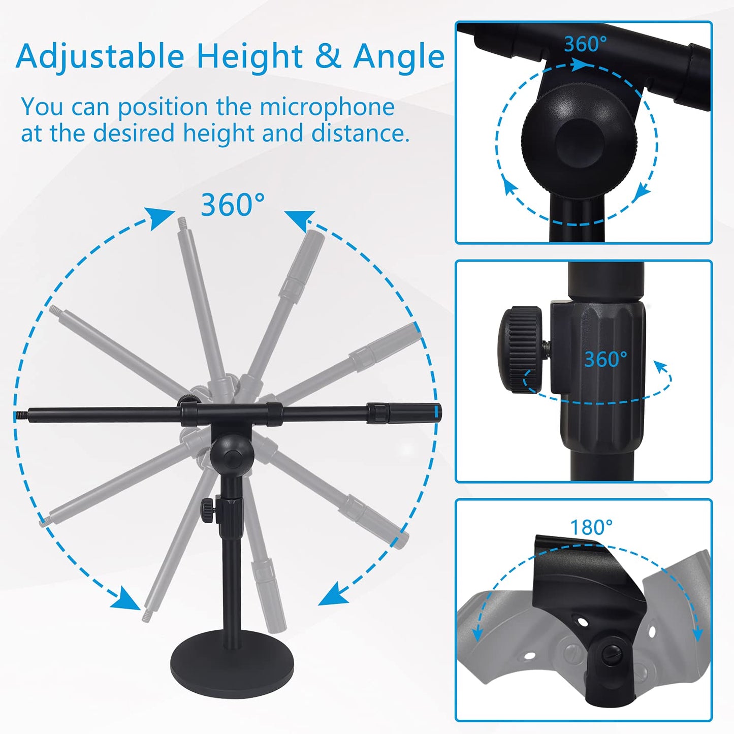 Mictop Adjustable Desktop Mic Stand, Desk Stand Tabletop Table Top Microphone Stand with Mic Clip for Handheld Microphone, Boom Arm, 5/8" Male to 3/8"