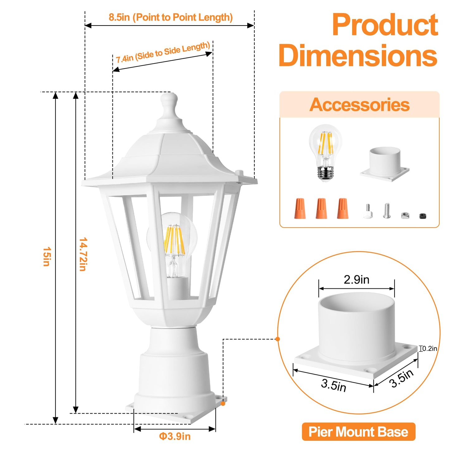 FUDESY Outdoor Post Light, Outdoor White Lamp Post Light Fixture with Pier Mount Base, Waterproof Pole Light Fixture with E26 Socket, Exterior Lamp