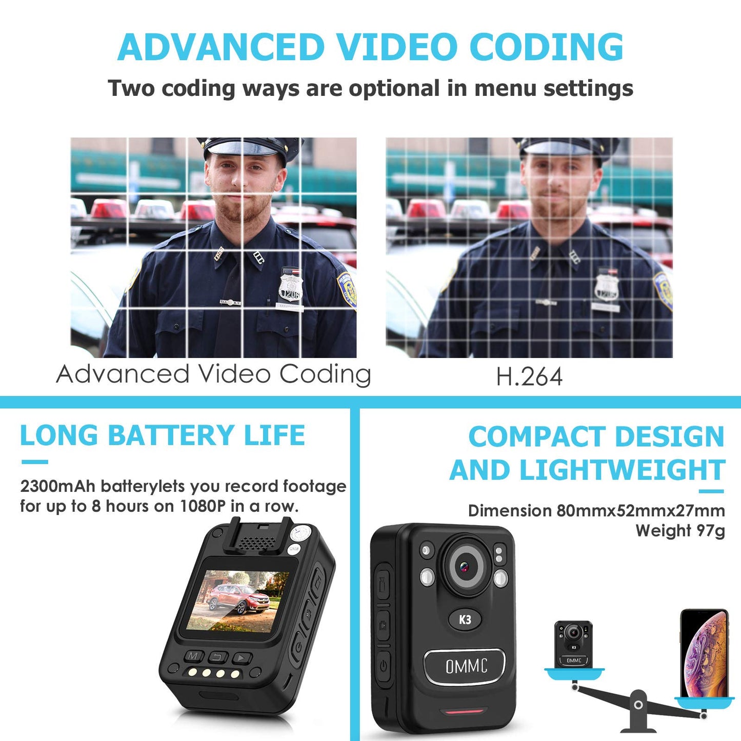 OMMC K3 1440P HD Police Body Camera,Portable Body Camera with with Audio Recording Wearable,Night Vision, 128G Memory Body Worn Camera for Law