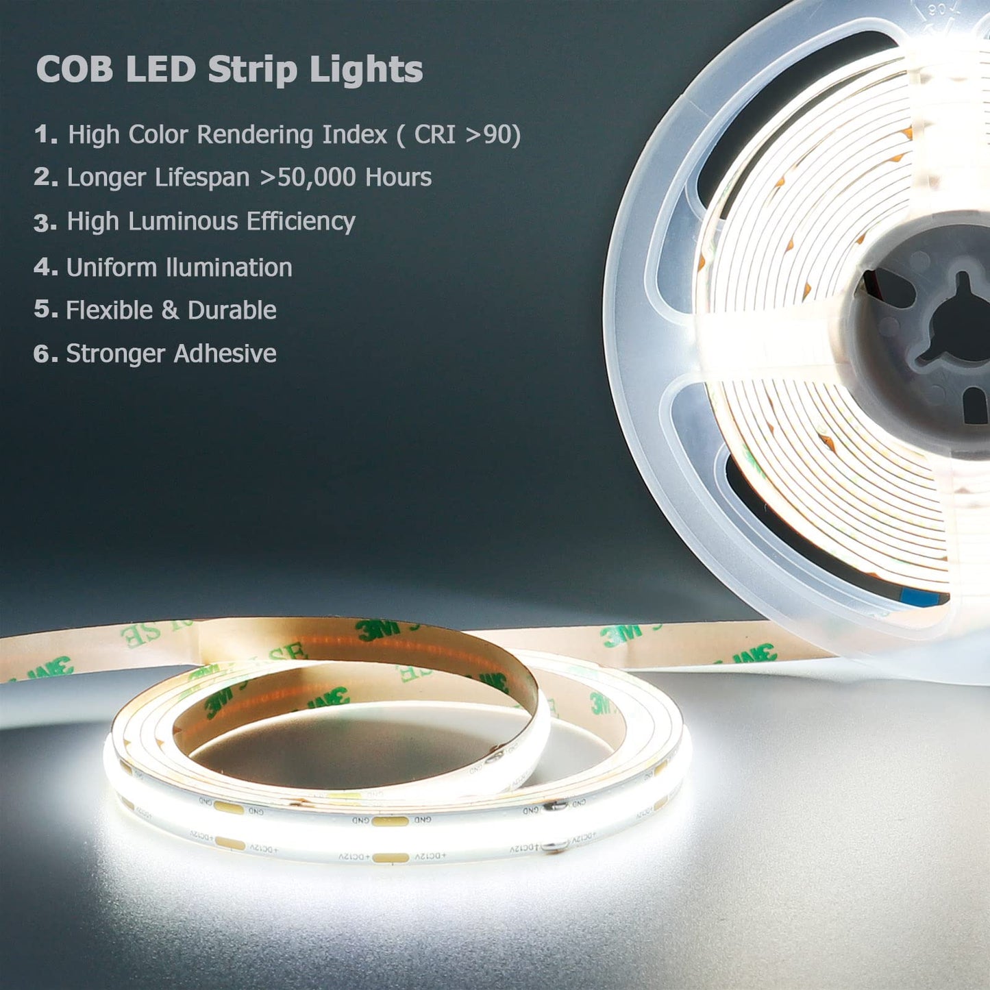 YUNBO 12V COB LED Strip 6000K Bright White 16.4ft CRI>90 Self Adhesive LED Tape Light 480LEDs/M Uniform Dotless High Density IP20 Indoor Use Cuttable