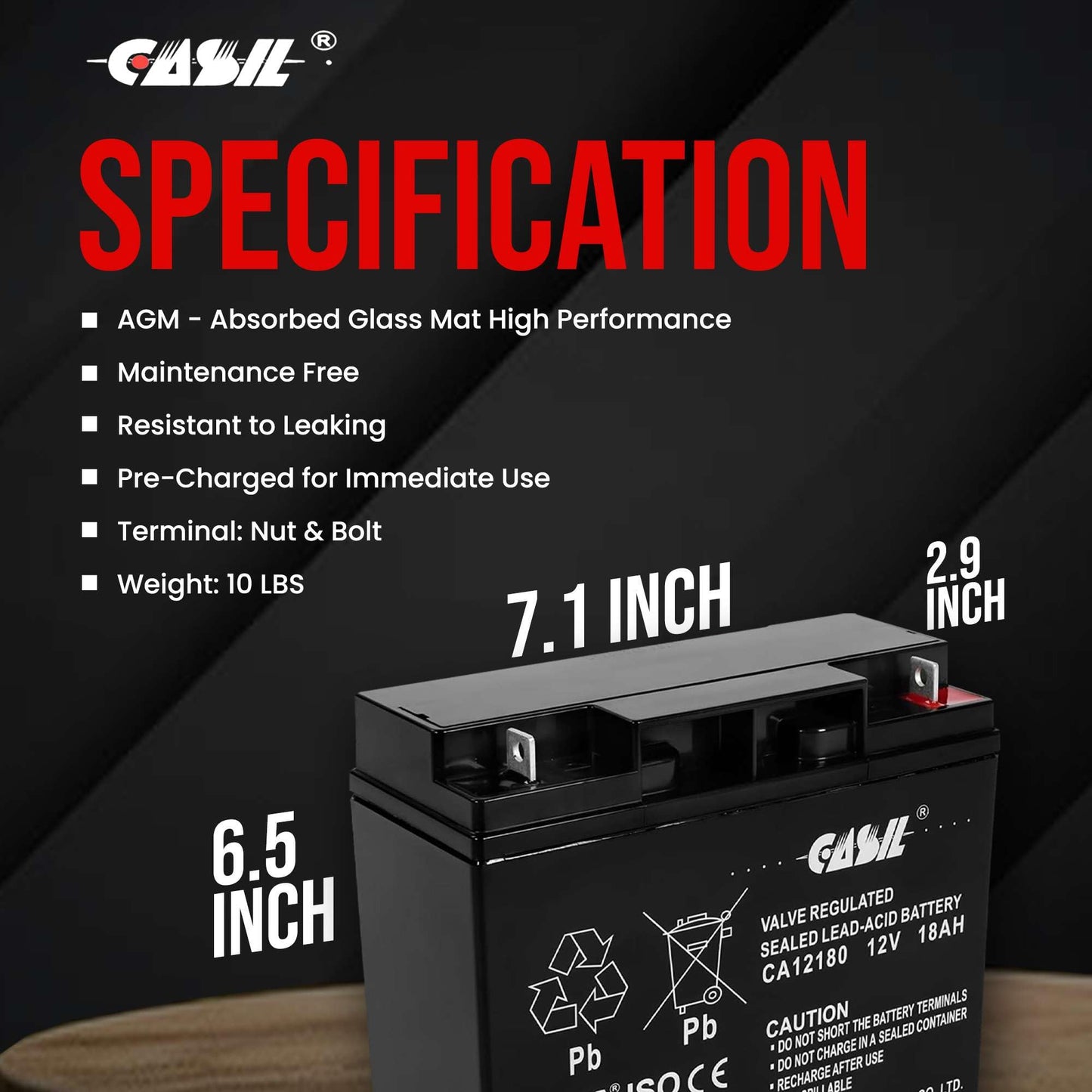 Casil 12v 18ah AGM Rechargeable Deep Cycle Replacement Battery for UB12180 CB19-12 FM12180 6fm18