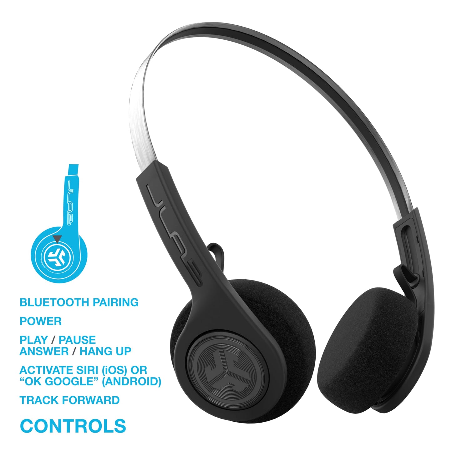 JLab Rewind Wireless Retro Headphones, Black, Bluetooth 4.2, 14 Hours Playtime, Custom EQ3 Sound, Music Controls, Noise Isolation, with Microphone…