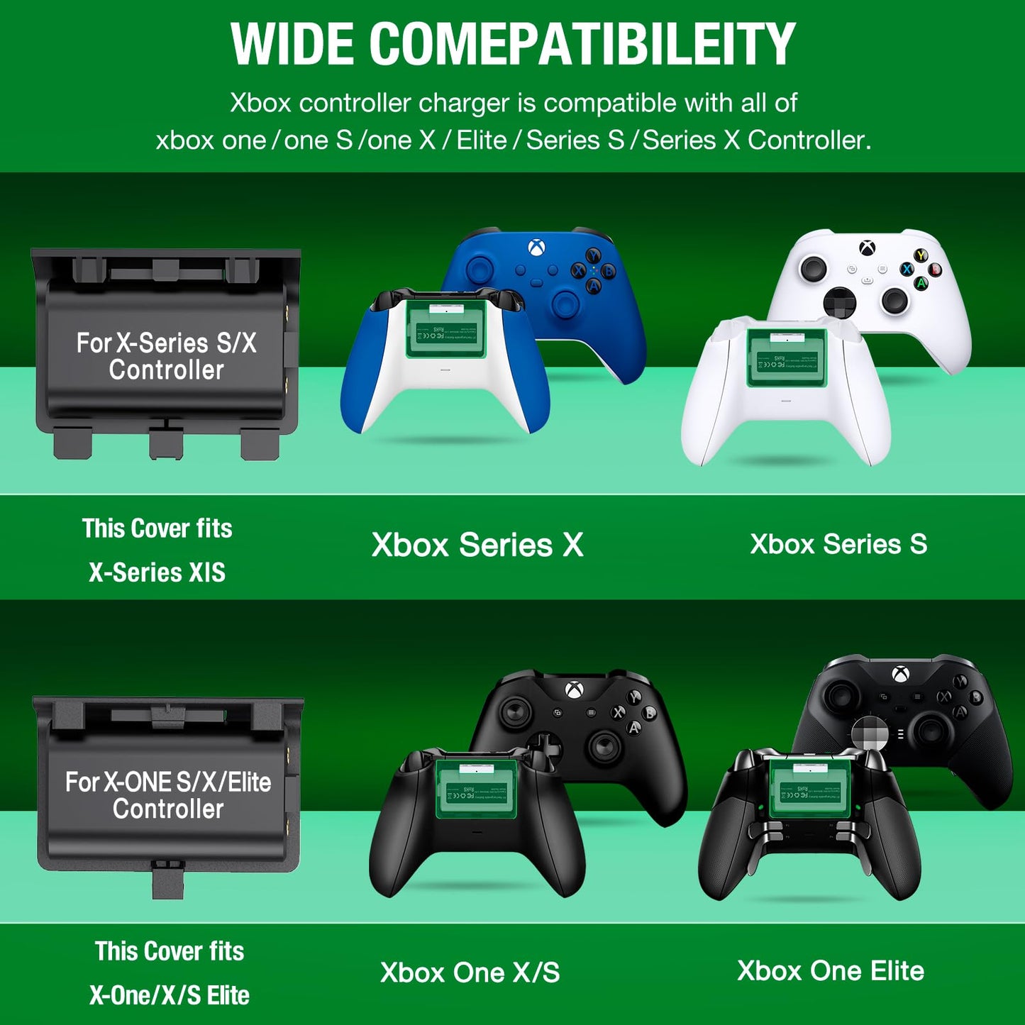Rechargeable Battery Pack for Xbox Controller, 2X 1200mAh Rechargeable Batteries Pack for XboxSeries X/S/One X/S/Elite Controllers, High Speed