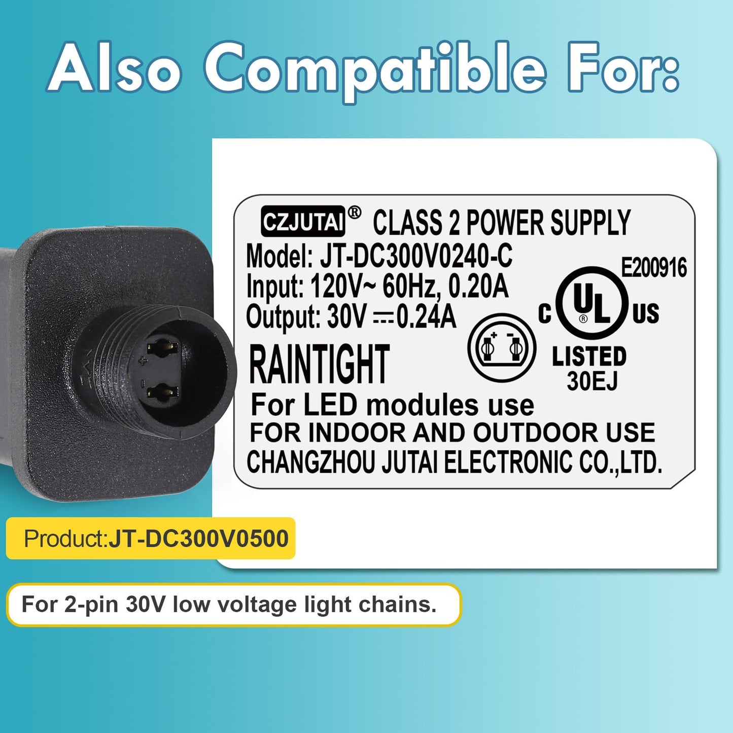 CZJUTAI JT-DC300V0500 Premium 30V 0.5A 15W LED Power Supply - Class 2 Transformer, IP44 Waterproof, US Plug for Christmas and String Lights, Indoor