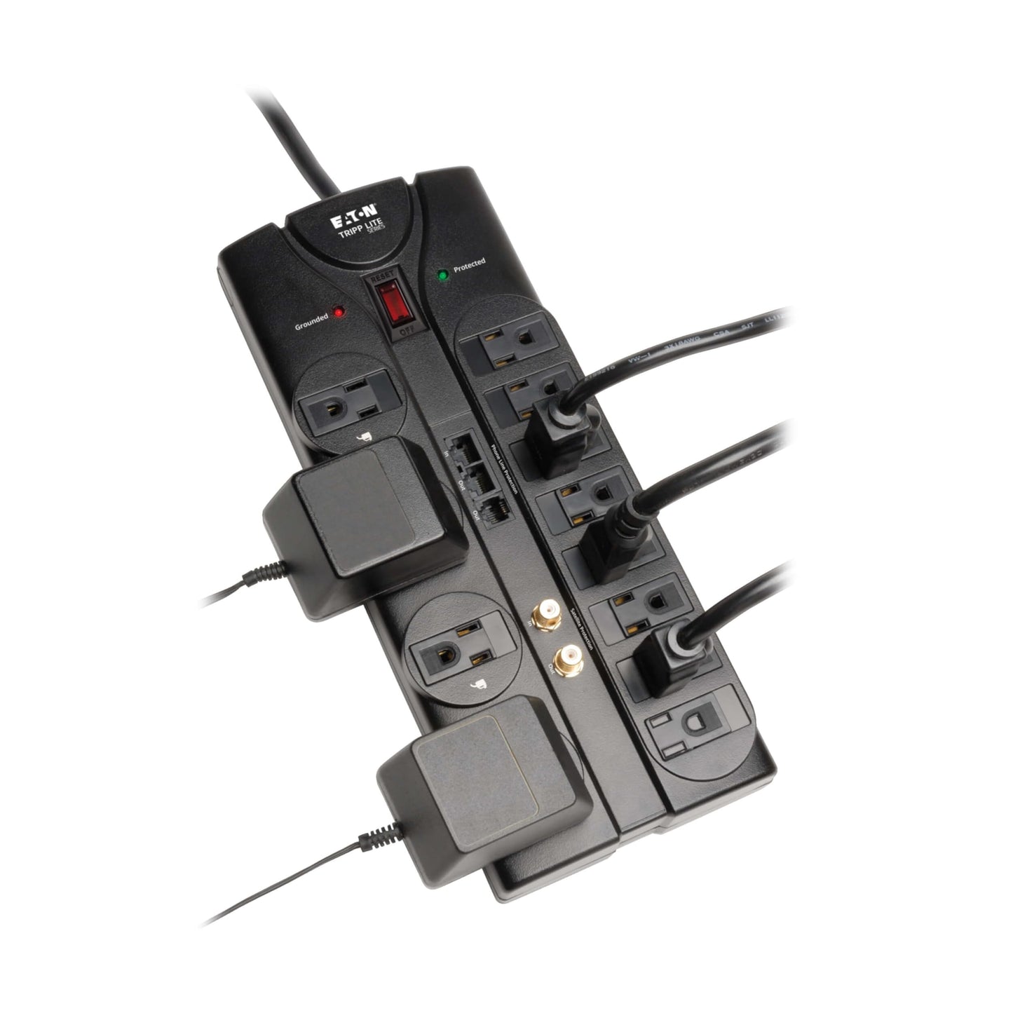Eaton Tripp Lite TLP1208SAT Home Theater Surge Protector Power Strip, 12 Outlets, Flat Plug 8ft Extension Cord, 2880 Joules Coax, RJ11 and RJ45 Port