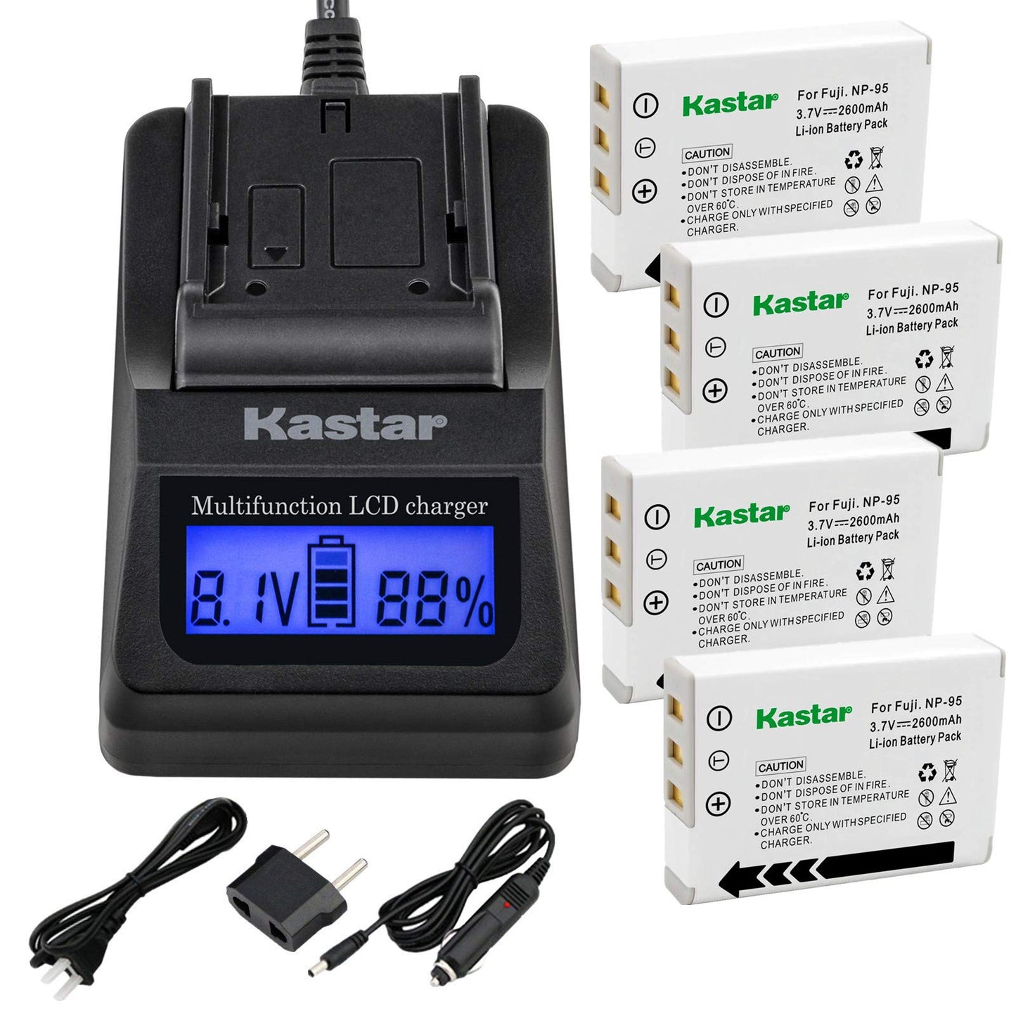 Kastar Fast Charger + Battery (4-Pack) for Fujifilm NP-95 & Finepix F30, Finepix F31FD, Finepix Real 3D W1, Finepix X30, Finepix X100, Finepix X100T