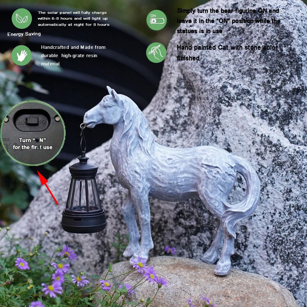 Fibroxify Solar Garden Horse Figurines, Horse with Solar Lantern, Whimsical Outdoor Indoor Decor, Grey