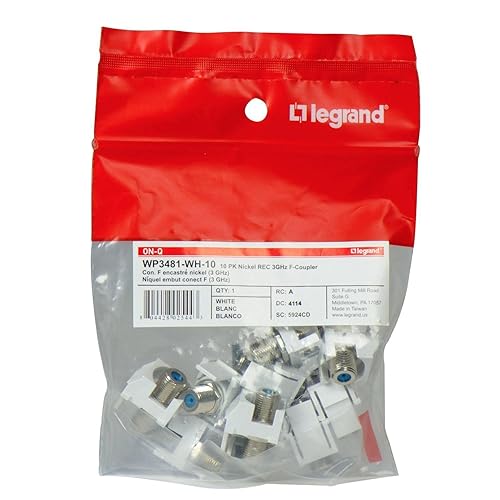 Legrand - OnQ F Keystone Connector, Recessed Keystone Coax Insert, Nickel-Plated 1GHz Keystone F-81 Coupler, Keystone Insert, White, 10 Count