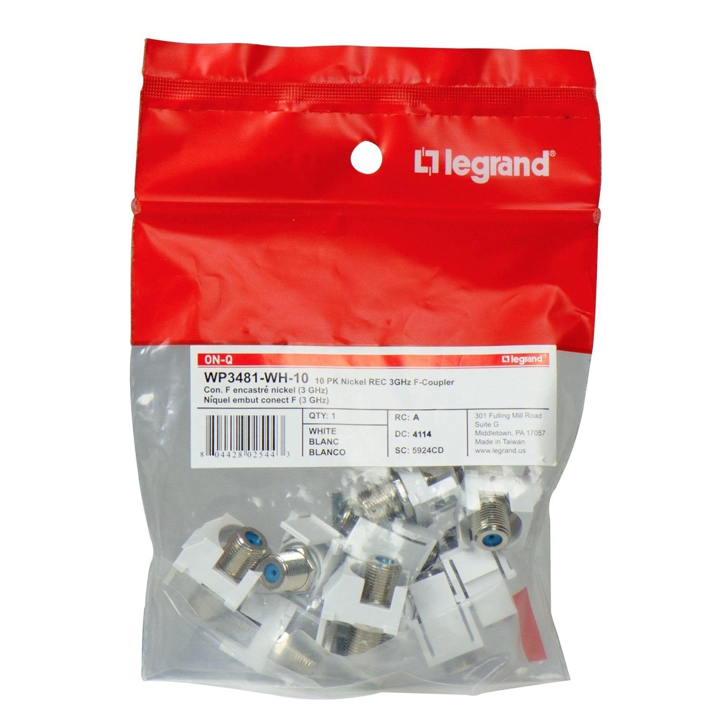 Legrand - OnQ F Keystone Connector, Recessed Keystone Coax Insert, Nickel-Plated 1GHz Keystone F-81 Coupler, Keystone Insert, White, 10 Count