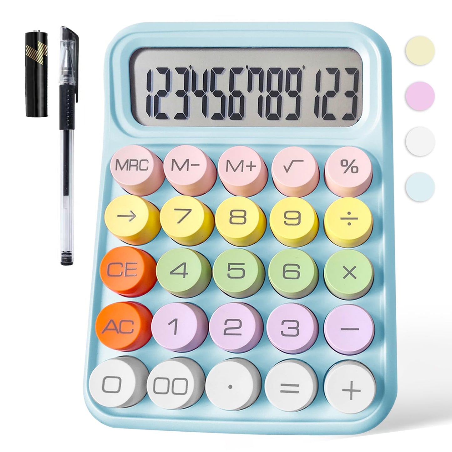 Pink Cute 12 Digit Large LCD Display Big Round Button Calculator - Office Desktop 15Tilt Screen for Kids (Blue)