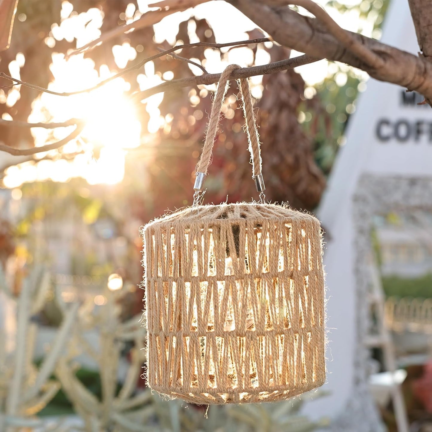Cooo Large Solar Rope Lantern Outdoor Hanging - Handwoven Jute Rope Lantern with Warm Edison Bulb, IP65 Waterproof Solar Powered Garden Light