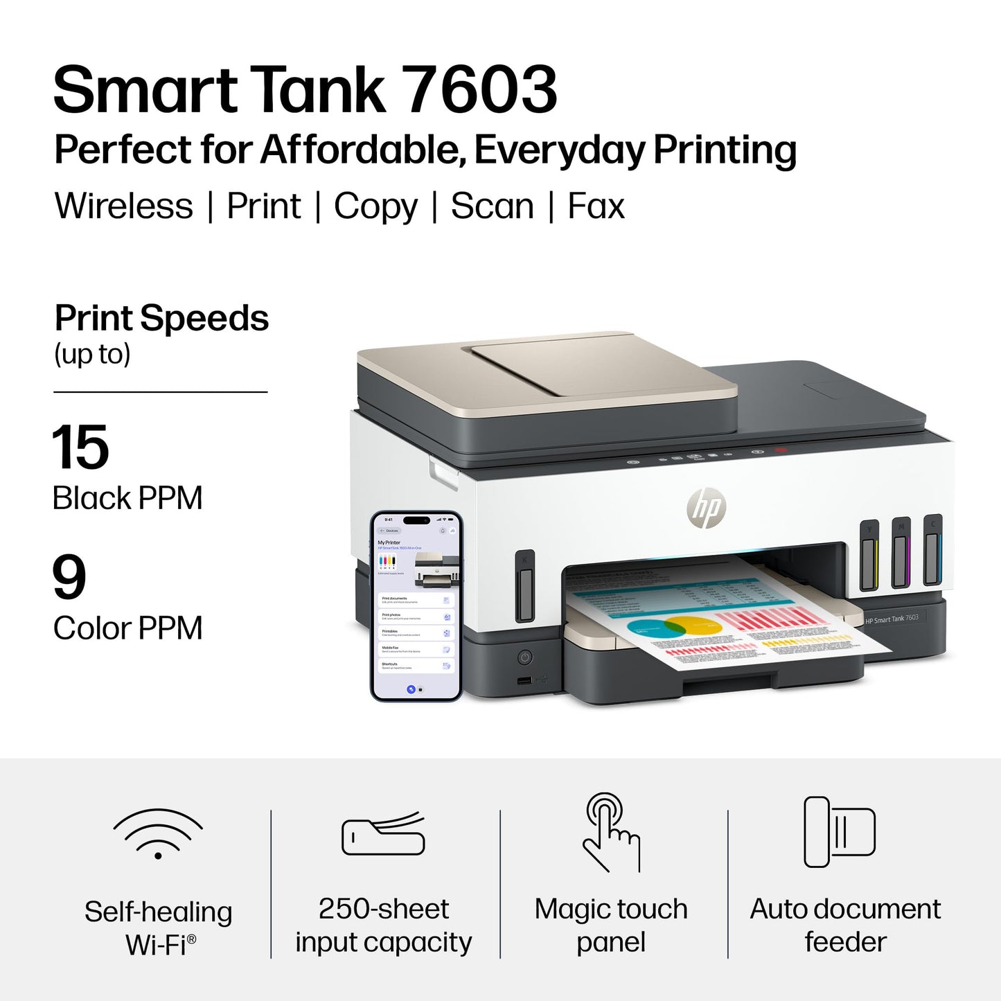 HP Smart Tank 7603 Wireless All-in-One Ink Tank Printer, Scanner, Fax, Copier with up to 3 Years of Ink Included, Best-for-Home Office, Cartridge-Free