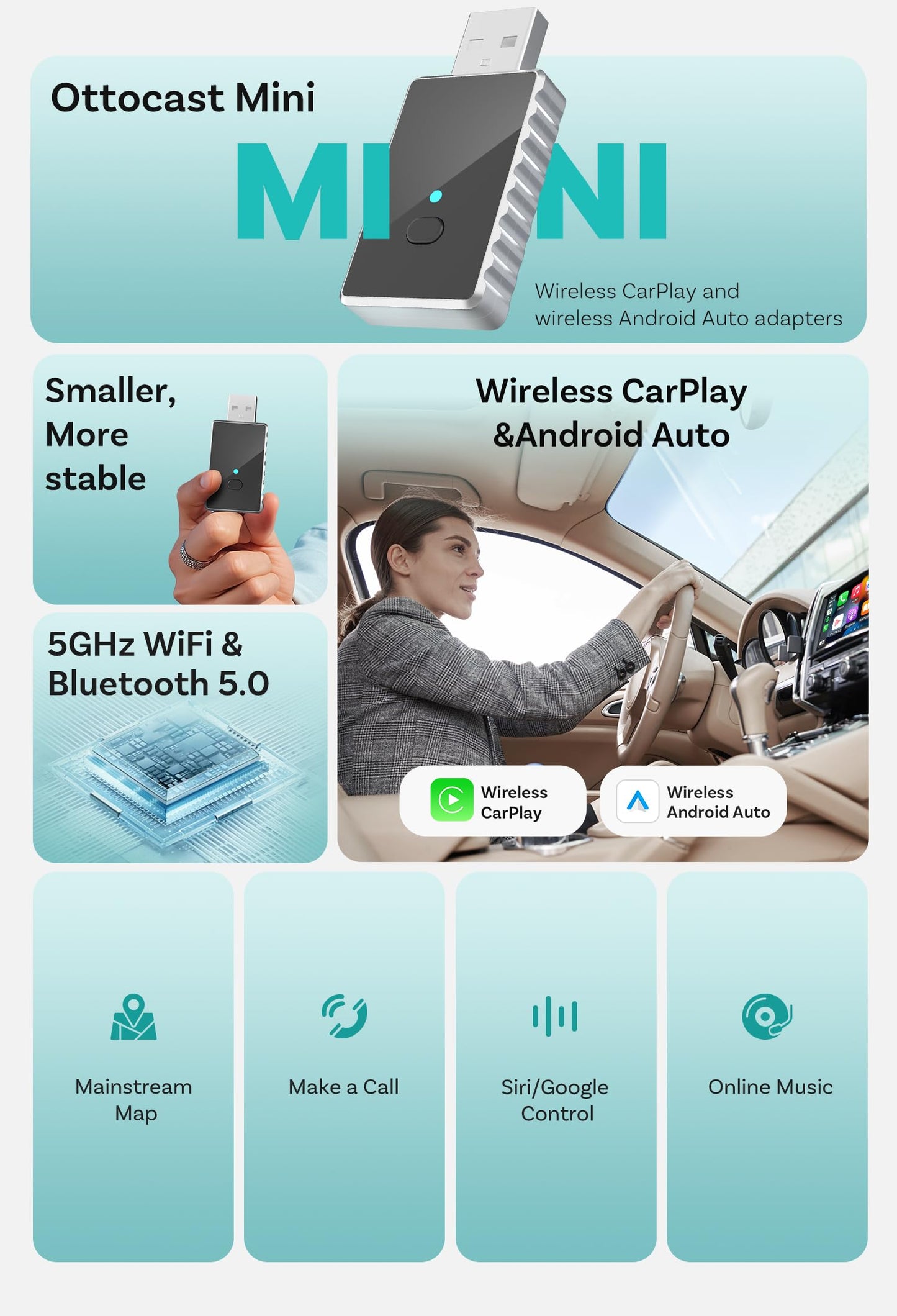 sowkim 2-in-1 Wireless CarPlay & Android Auto Adapter, One-Click User Switching Car Play Wireless Adapter, Converts Wired to Mini Bluetooth Carplay