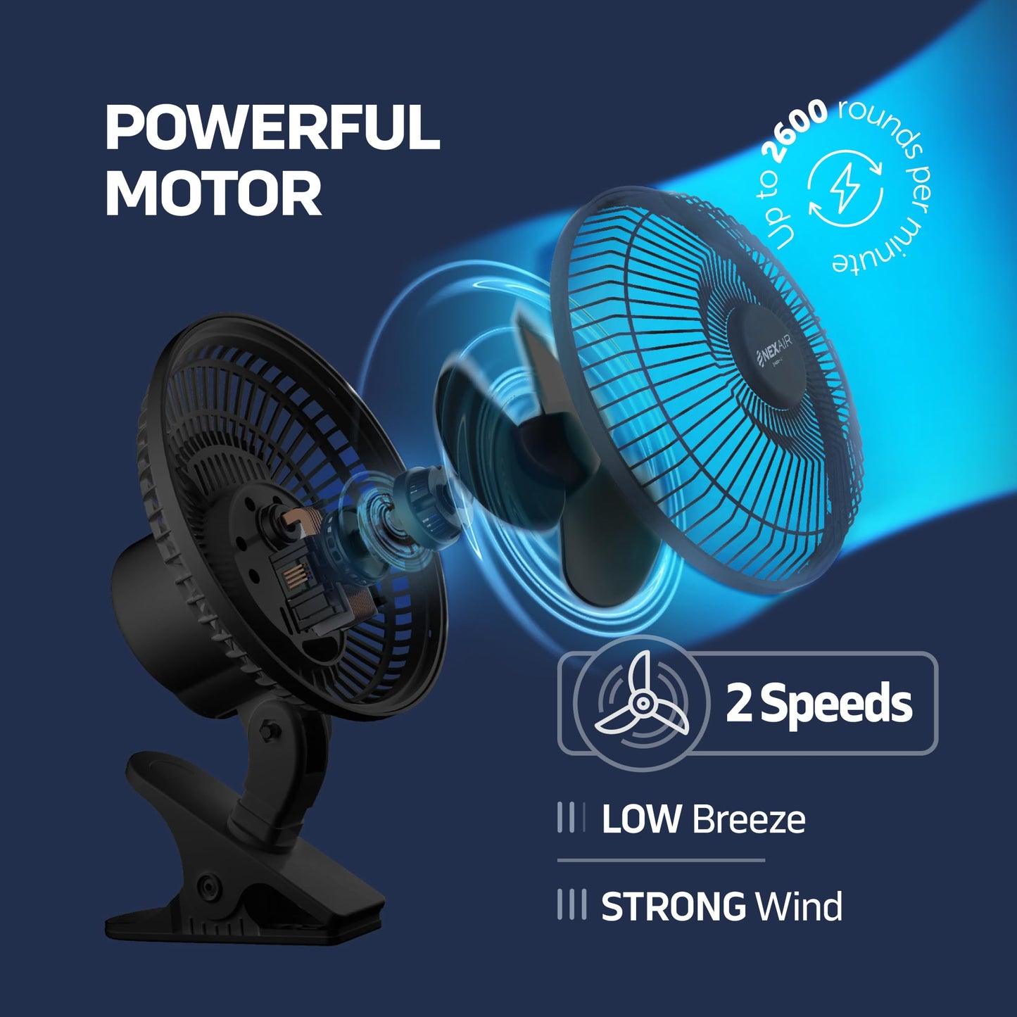 NEXAIR 6-Inch Portable Desk or Clip-on Fan with Two Quiet Speeds - Small Personal Cooling Fan for Desk, Home, Bedroom and Office, 180° Adjustable Tilt
