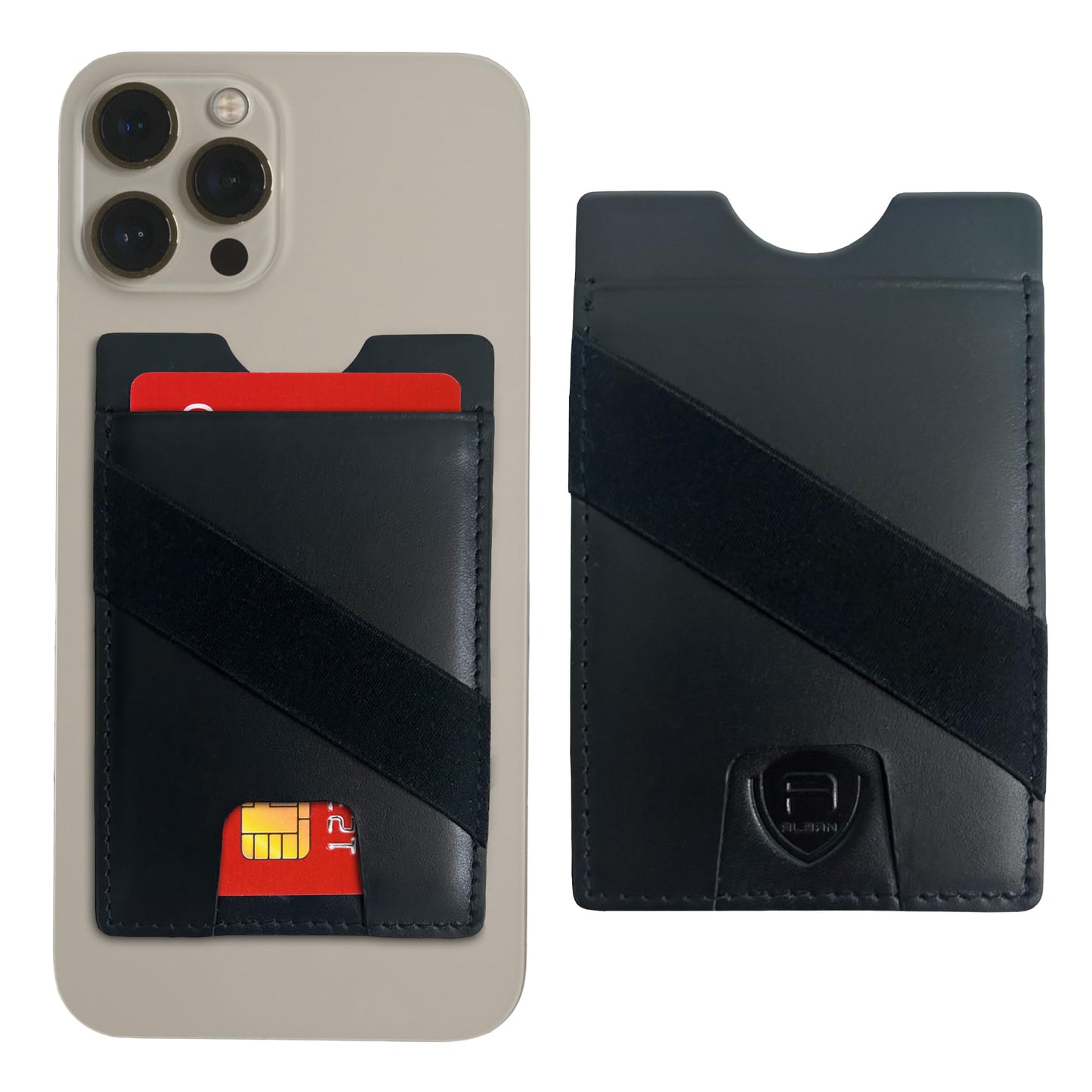 Alban Leather Stick On Cell Phone Wallet with Finger Strap, Phone Pocket Case for Credit Card, ID, Cash - Strong Adhesive, RFID Blocking, Compatible