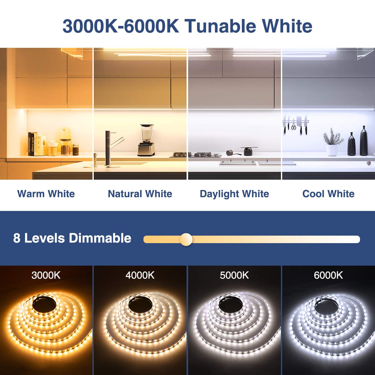 Ustarus White LED Strip Lights 82ft 24V Dimmable 3000K-6000K LED Tape Rope Light with Remote Flexible 2835 LED Ribbon for Kitchen Under Cabinet Mirror
