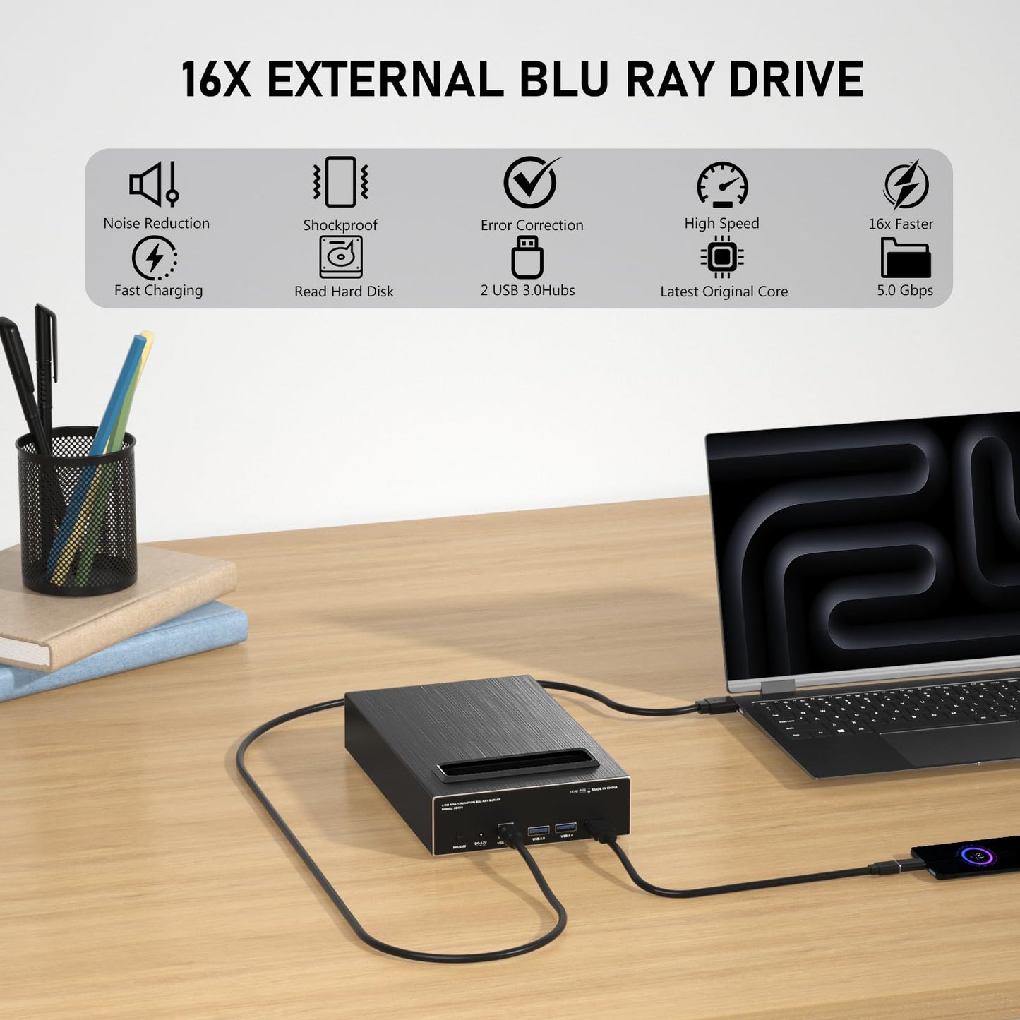 mthstec 4 in 1 External Blu Ray Drive, 16x USB 3.0 and Type-C External Bluray Drive, Multi-Function Fast-Charging Desktop BD/CD/DVD Burner/Read