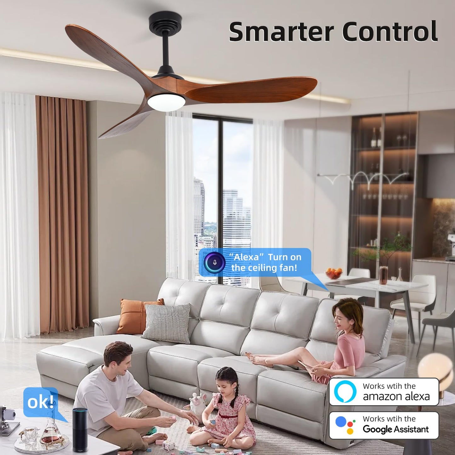 Homlit 52” Outdoor Ceiling Fan with Light and Remote via WiFi Alexa, 3 Walnut Solid Wood Blade, Noiseless Reversible Dc Motor, Smart Outdoor Wood