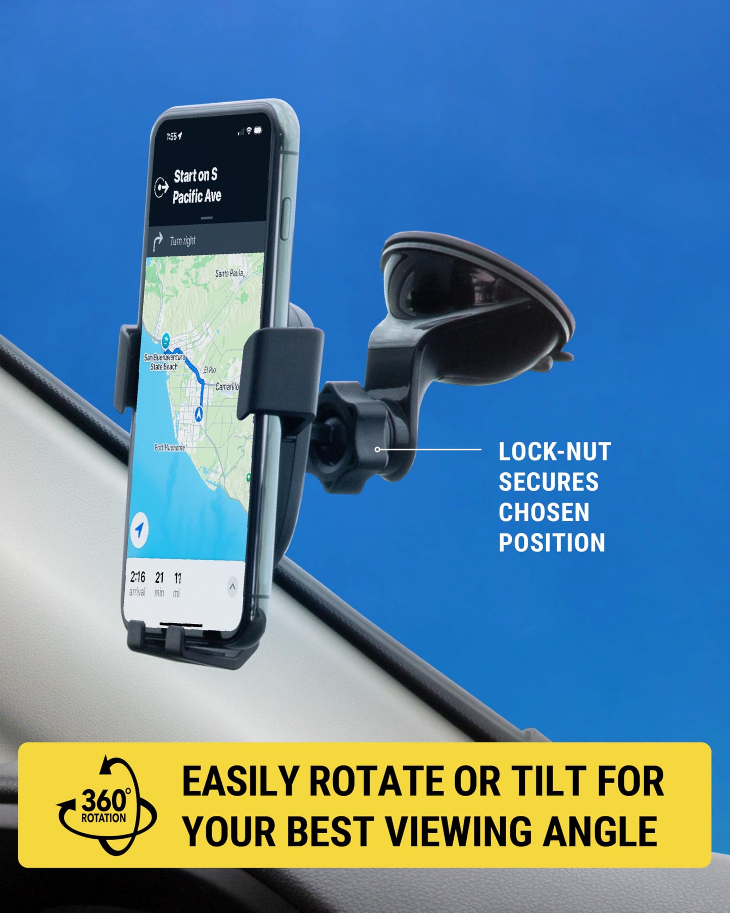 Scosche GHVWD 3-in-1 Universal Suction Cup Phone Mount for Car and Truck Dashboard/Windshield/Vent Mount, 360° Adjustable Phone Stand, Cell Phone