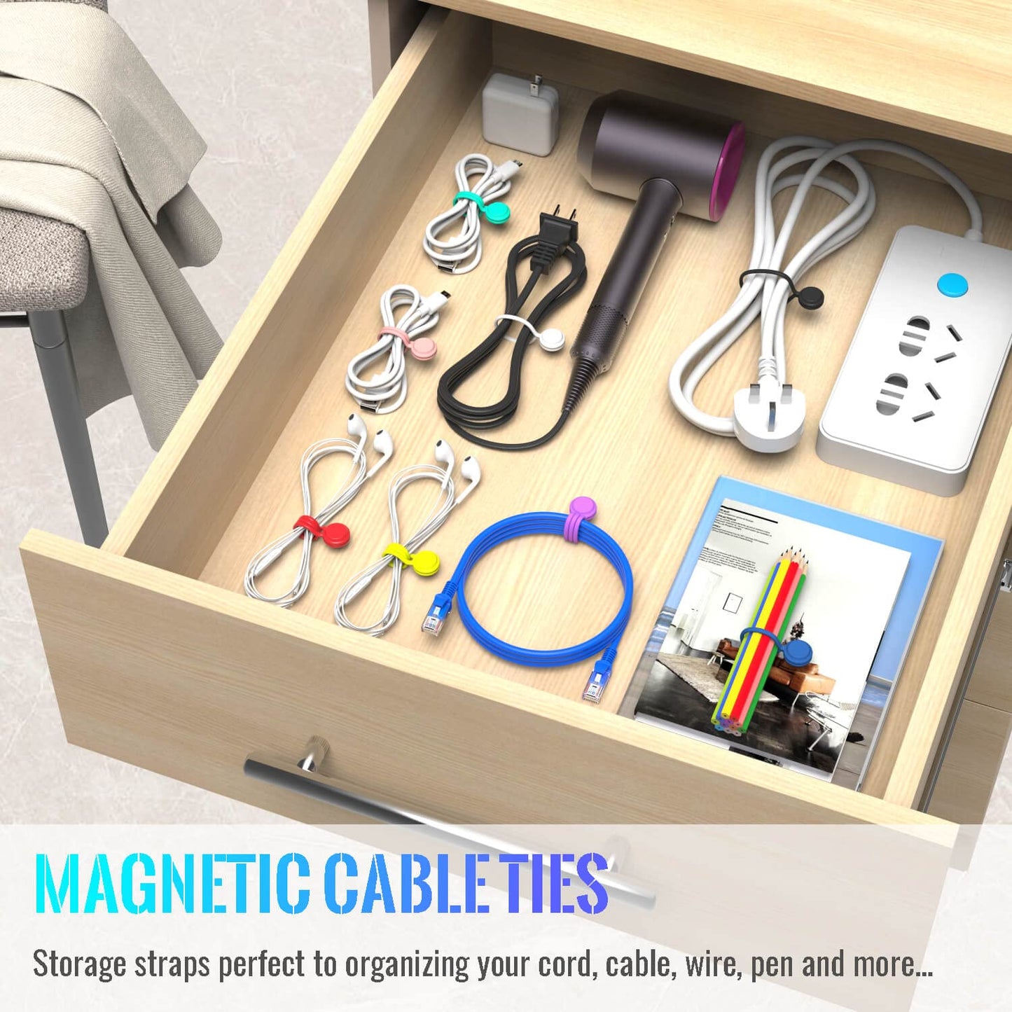 Magnetic Cable Ties 10 PCS Reusable Cable Organizers Earbuds Cords USB Cable Manager Keeper Wrap Ties Straps Bookmark Clips Whiteboard Noticeboard