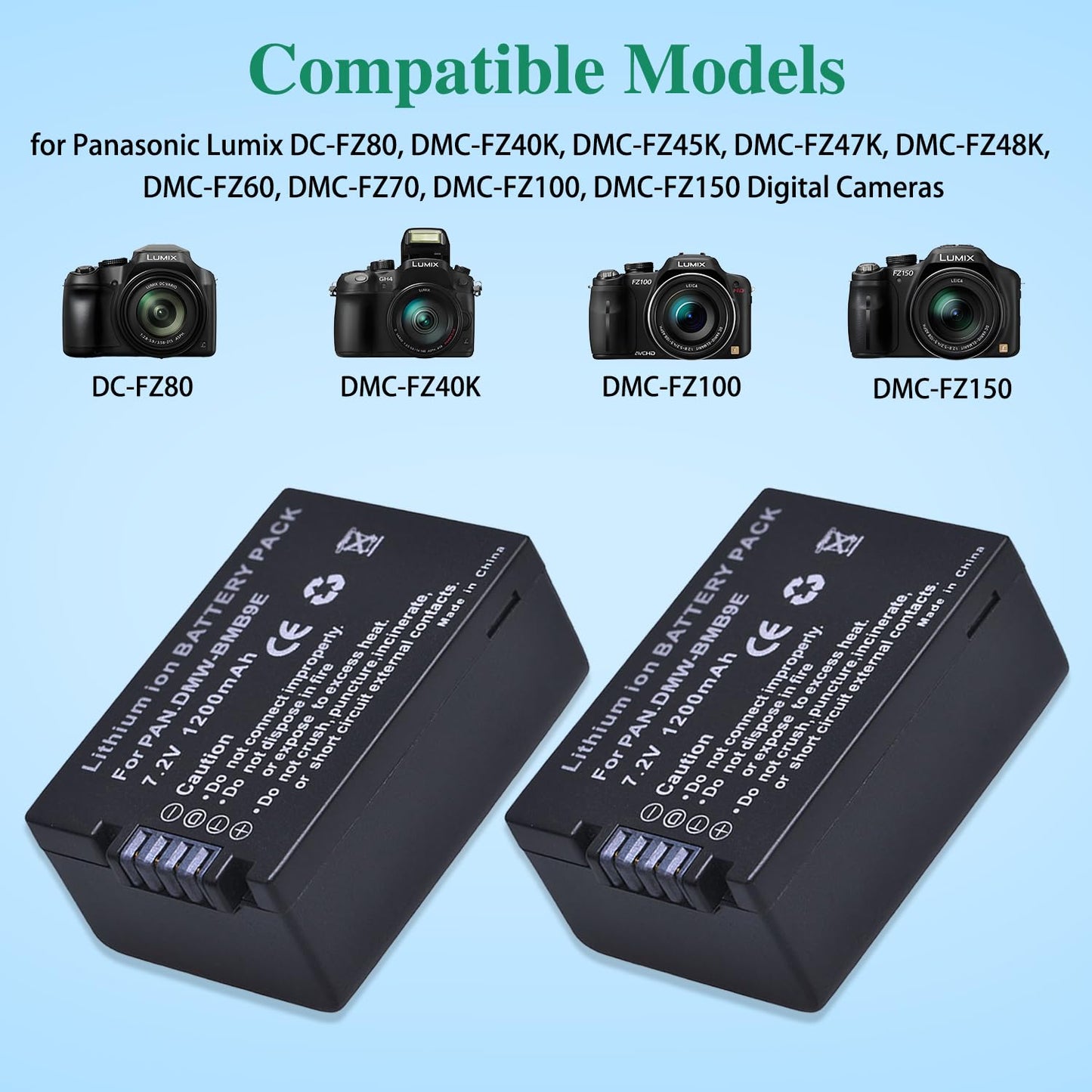 Tectra 2pcs DMW-BMB9 DMW-BMB9PP Battery + LED USB Charger for Panasonic Lumix DC-FZ80, DMC-FZ40K, DMC-FZ45K, DMC-FZ47K, DMC-FZ48K, DMC-FZ60, DMC-FZ70