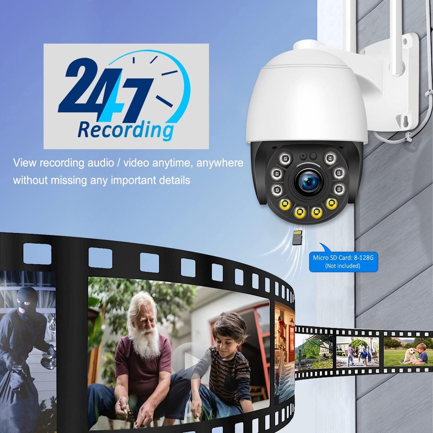 Security Camera Outdoor Wired with Night Vision Color, 360 WiFi Cameras for Home Security, Waterproof Video Surveillance Cameras, Motion Detection