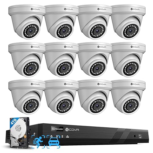 4COVR 16 Channel Security Camera System,AI Human Vehicle Detection, 16CH 8MP NVR 4TB HDD, 12Pcs 5MP Wired Commercial Dome IP PoE Camera IP67 Night