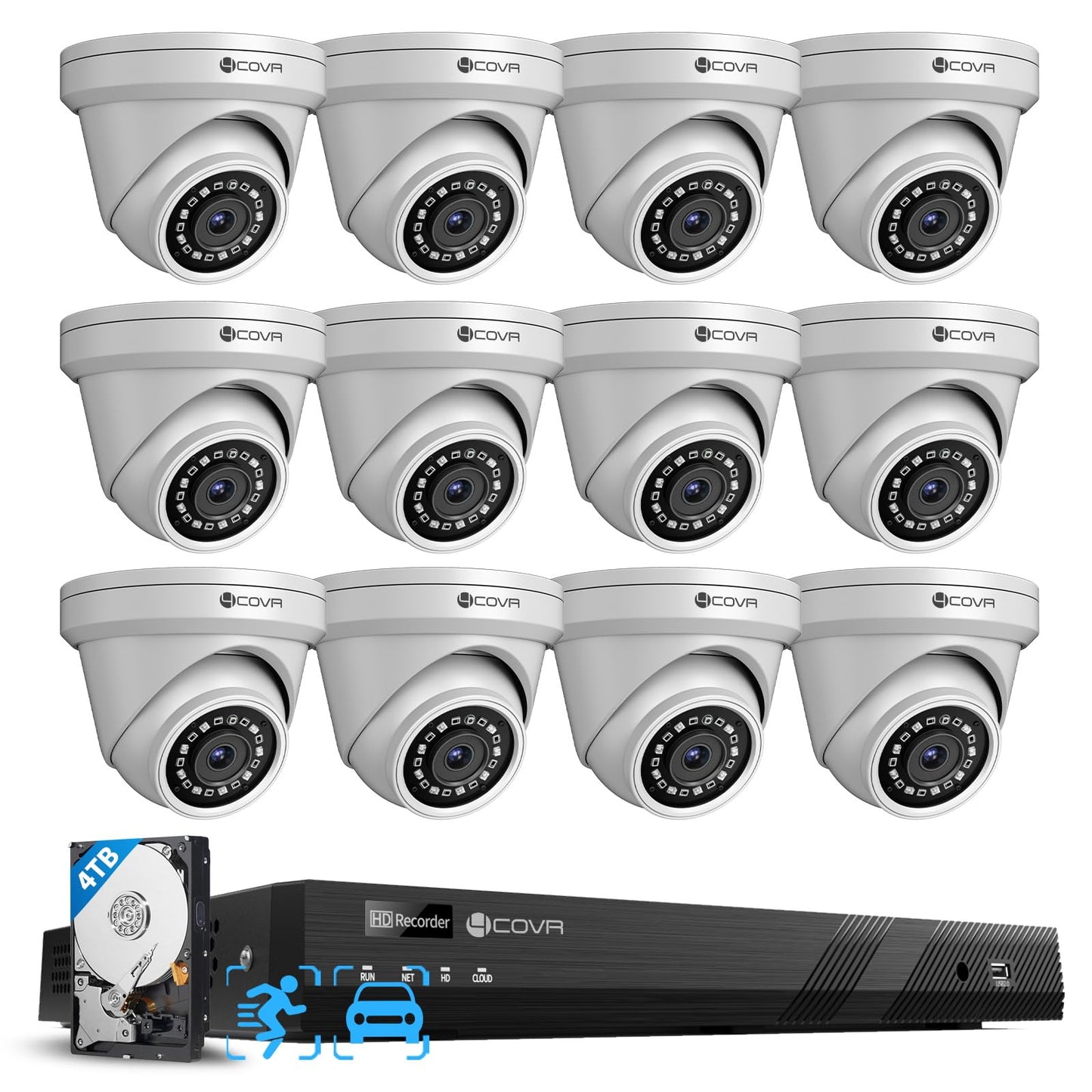 4COVR 16 Channel Security Camera System,AI Human Vehicle Detection, 16CH 8MP NVR 4TB HDD, 12Pcs 5MP Wired Commercial Dome IP PoE Camera IP67 Night