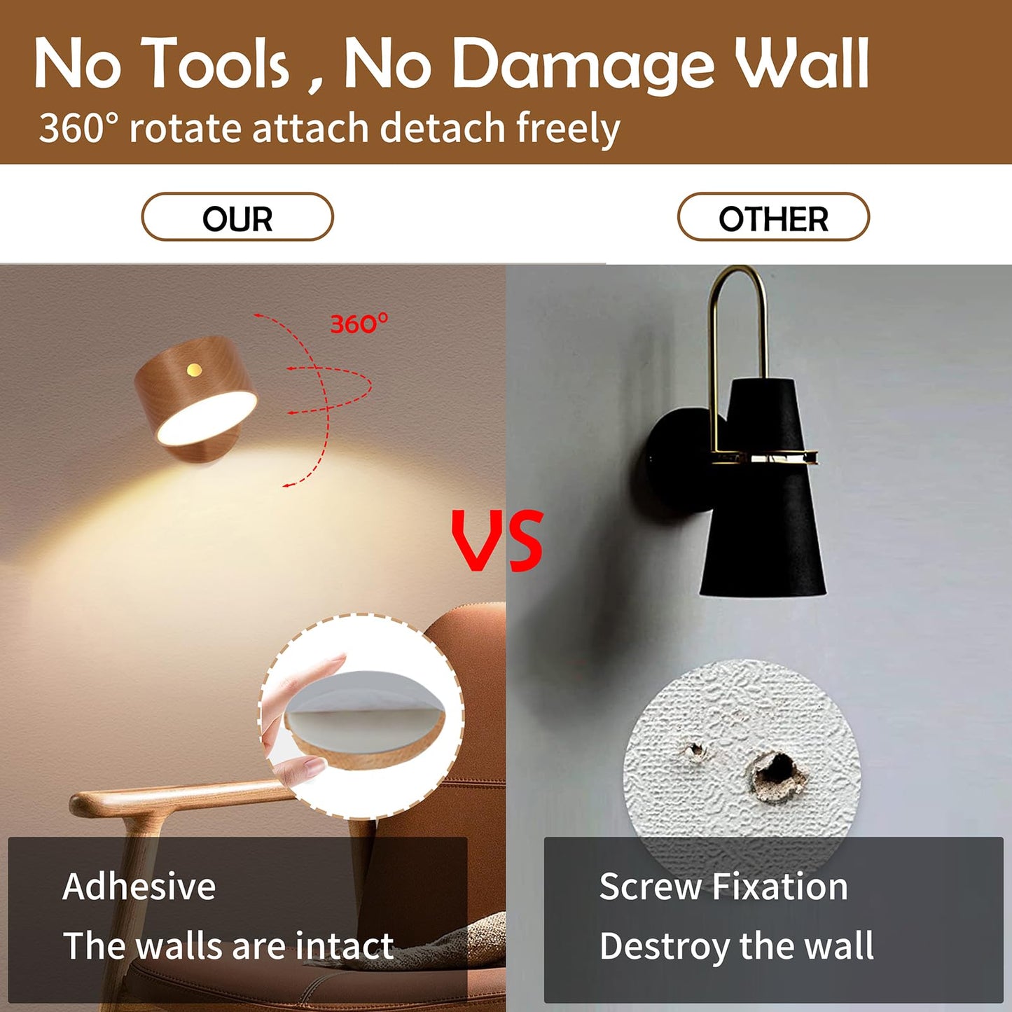 LANDGOO 1-Pack Wood Wall Sconce, Beech Wood Magnetic 360° Rotatable Cordless Bedside Lamp, Rechargeable & Dimmable LED Light with Touch Control